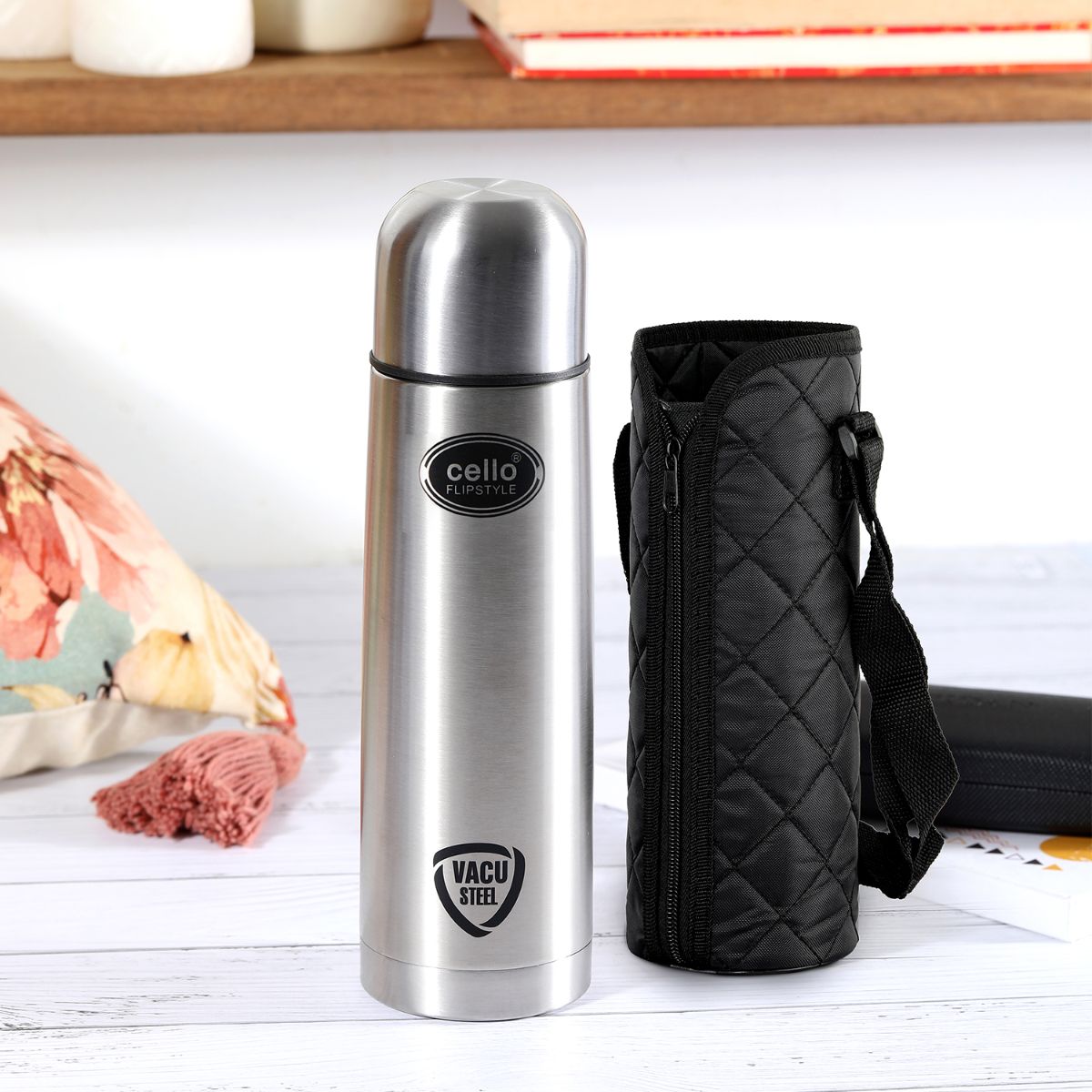 Cello Flipstyle Flask, Vacusteel Water Bottle with Thermal Jacket, 1500ml