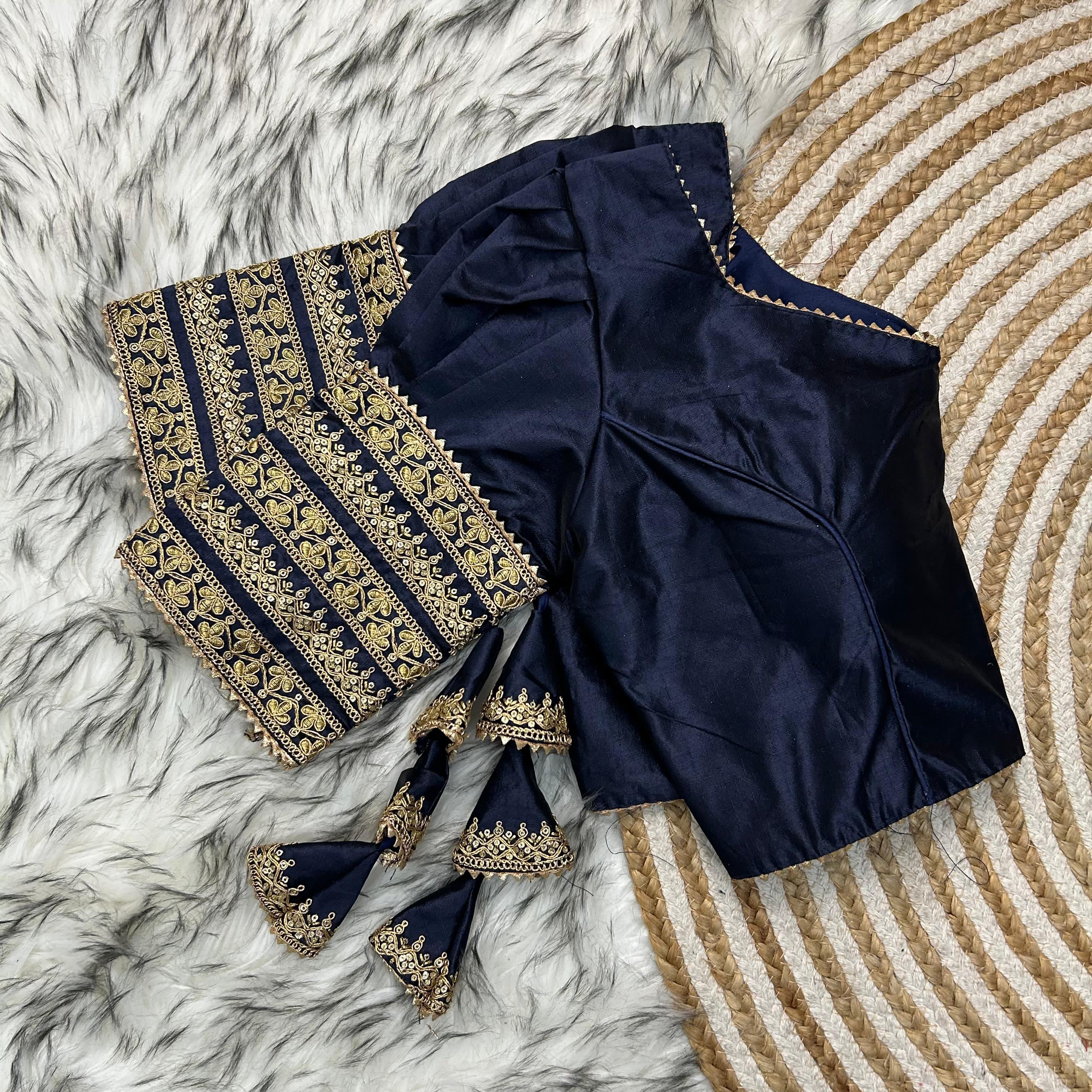 ClothsVilla Navy Blue Kilmora Silk Blouse with Handcrafted Embroidery and Sequence Accents - view 2