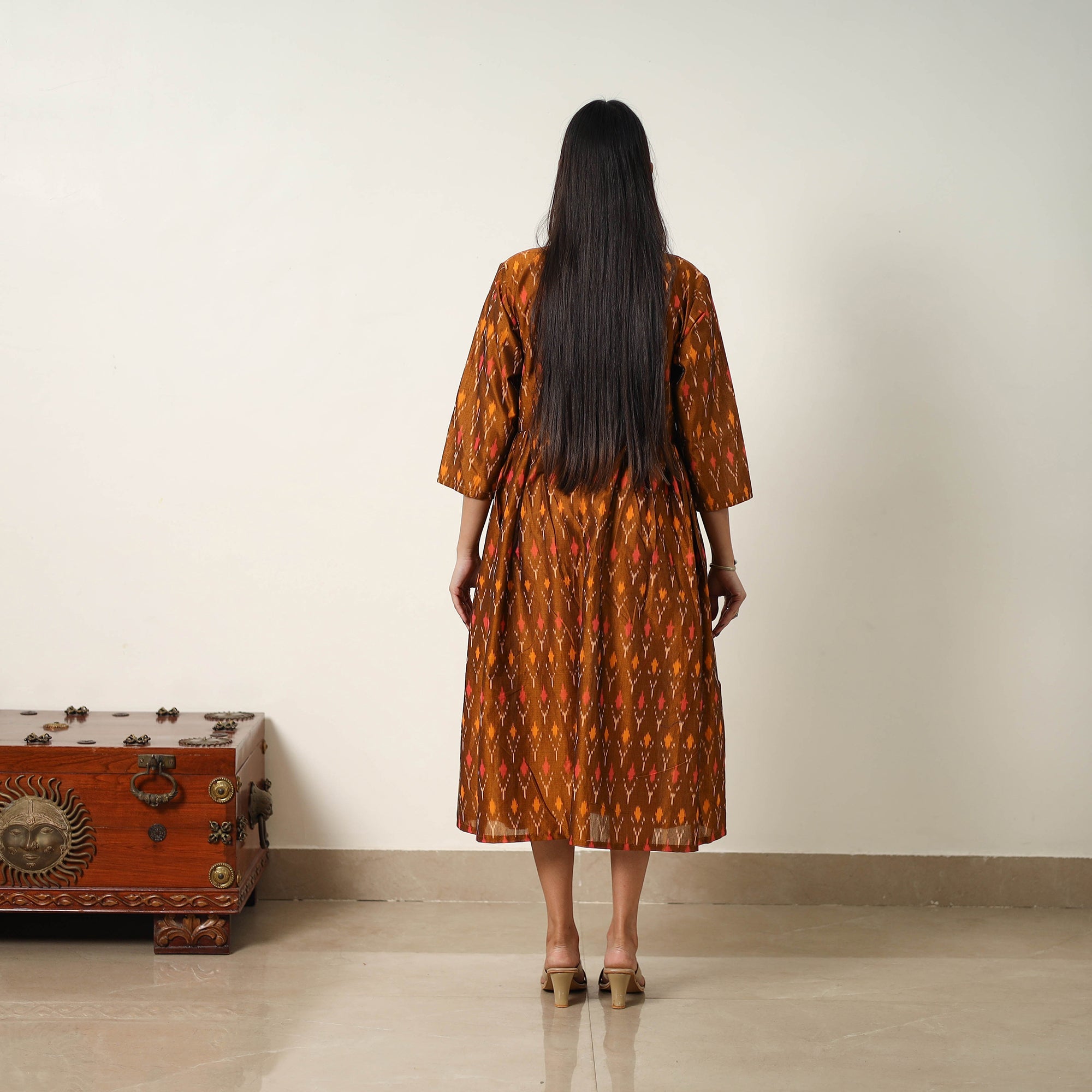 ITOKRI CASUALS Brown - Mercerized Cotton Flared Pochampally Ikat Dress 04 - view 4