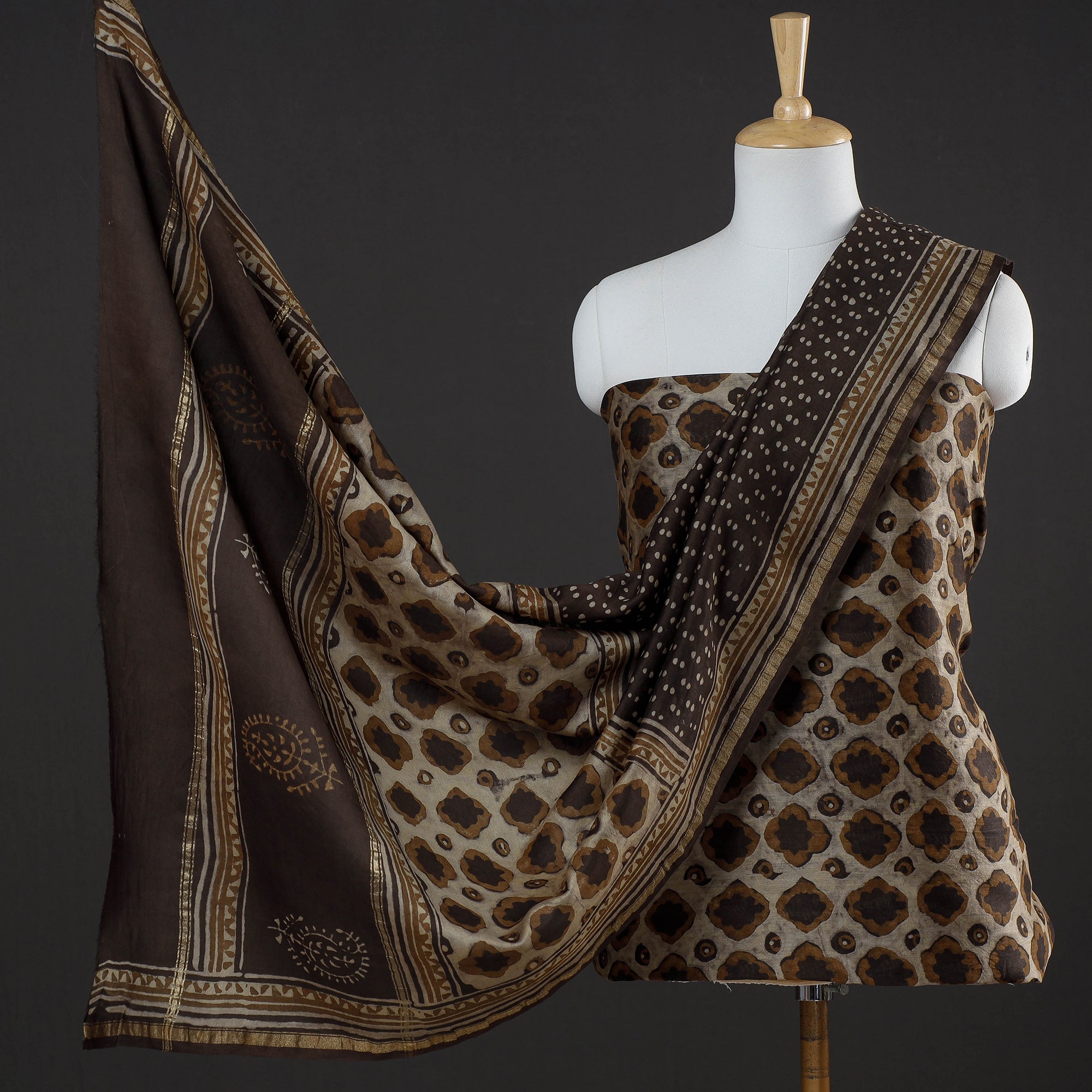 HAVELI CHRONICLES Brown - 3pc Akola Block Printed Chanderi Silk Suit Material Set