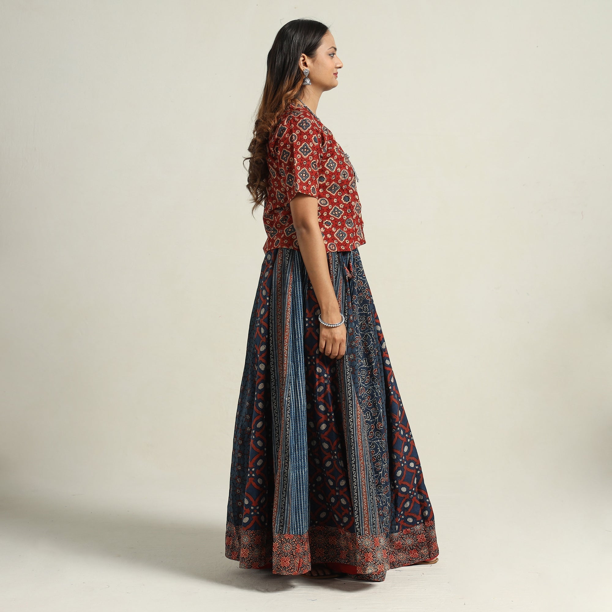 NOORI BAZAR Blue - Ajrakh Block Printed 24 Kali Patchwork Cotton Long Skirt 35 - view 3
