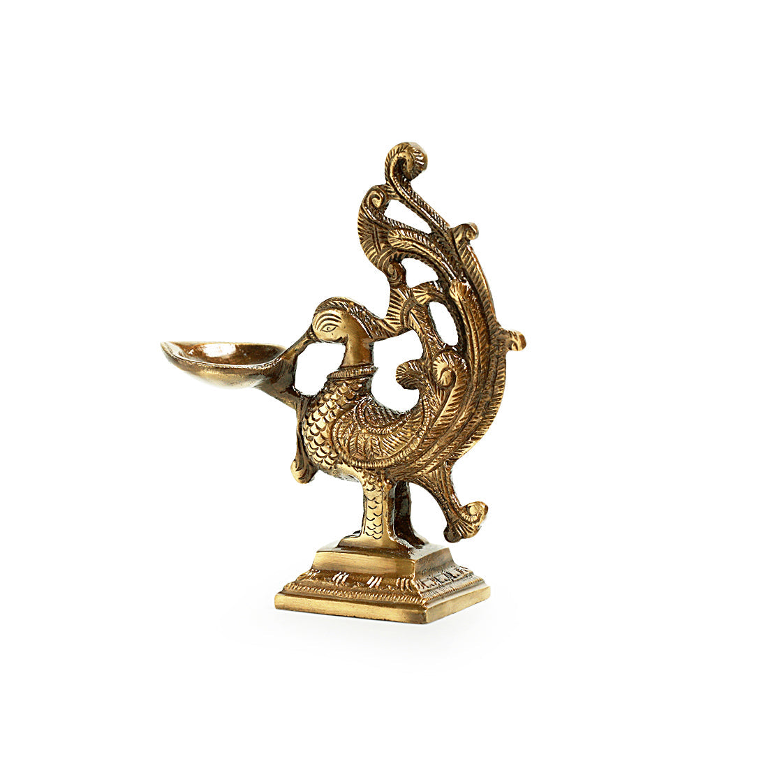 EXCLUSIVELANE 'Princely Peacock' Hand-Etched Carved Diya In Brass - view 3