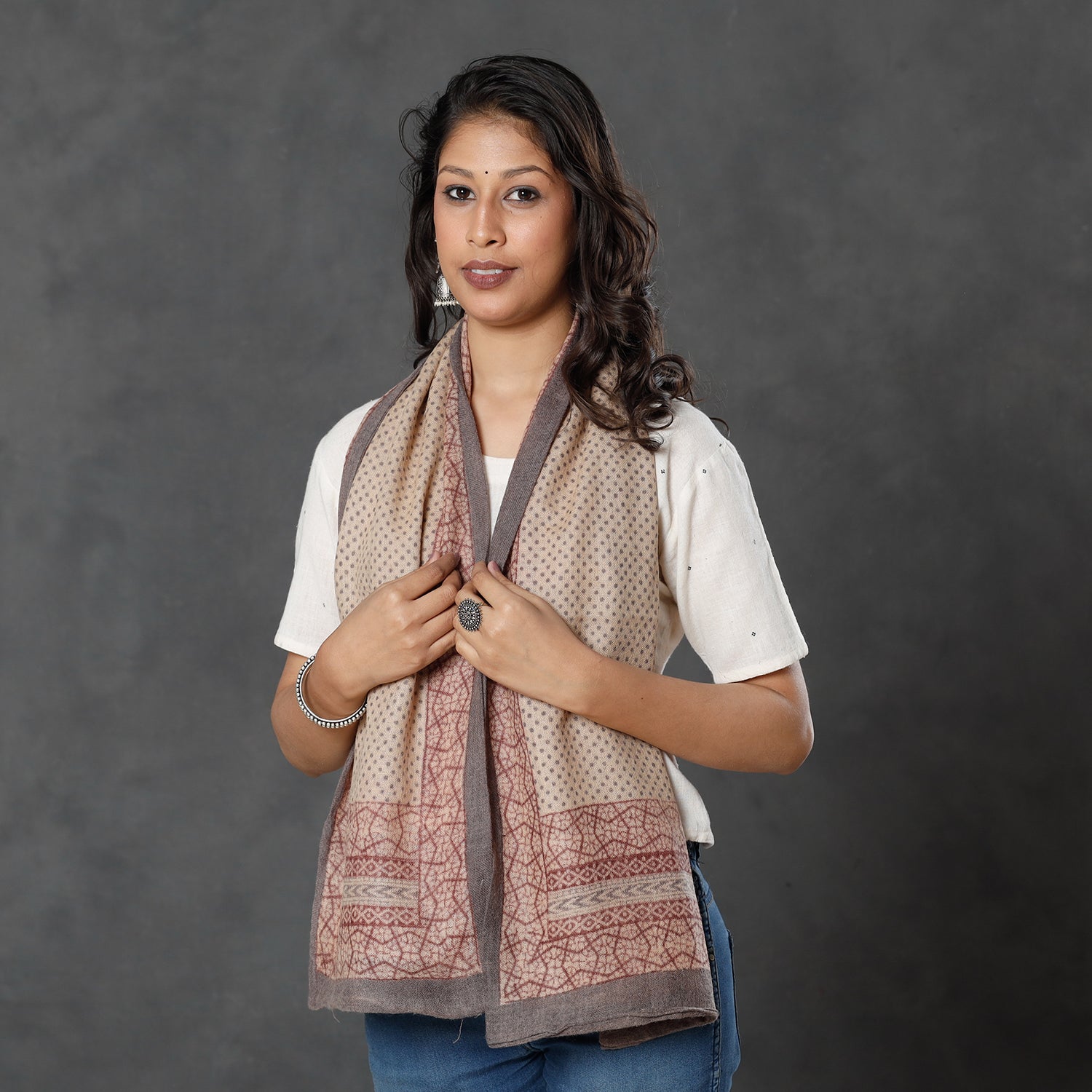 BAGH PRINTS BY MOHAMMED BILAL KHATRI Beige - Bagh Block Printed Natural Dyed Woolen Muffler (61 in)