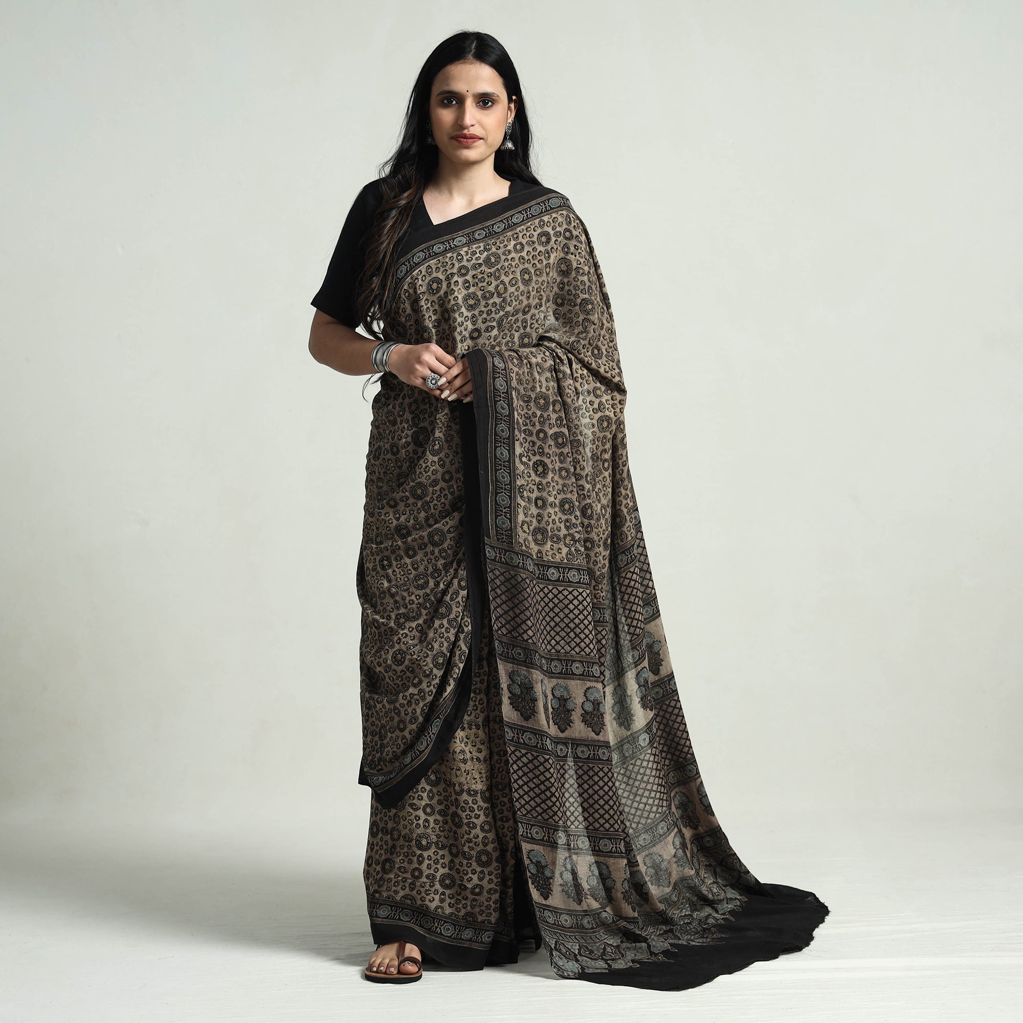 KACHCHH JI CHHAAP Brown - Block Printed Mul Cotton Ajrakh Saree