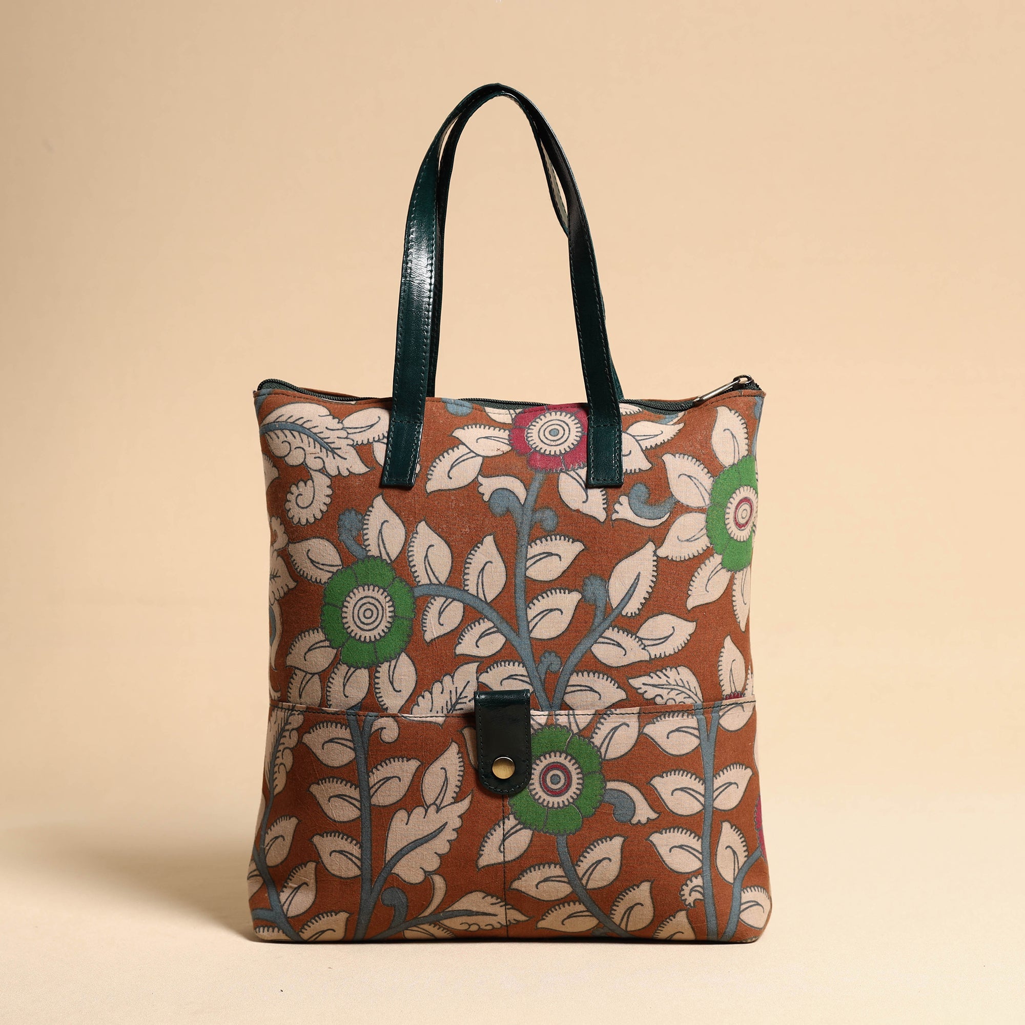 ASALKAAR Brown - Handcrafted Kalamkari Block Printed Hand Bag with Leather Handle