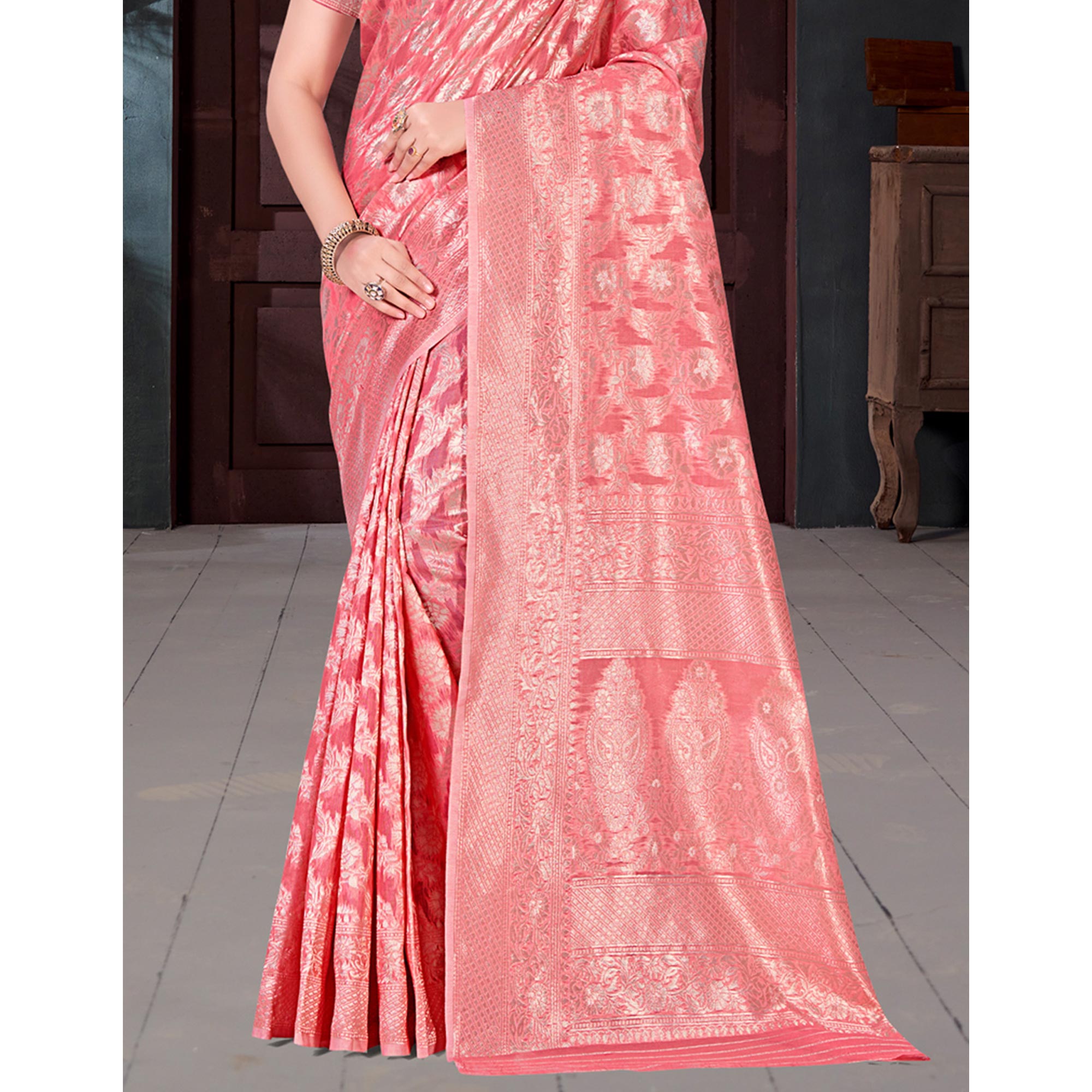 Peachmode Gajari Pink Floral Woven Cotton Blend Saree - view 5