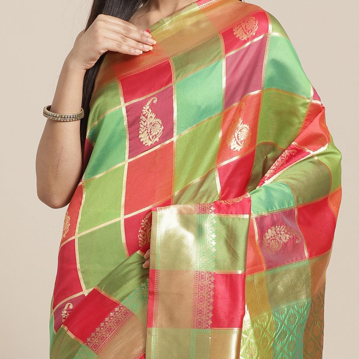 Peachmode Fantastic Green-Pink Colored Festive Wear Woven Silk Blend Saree - view 5