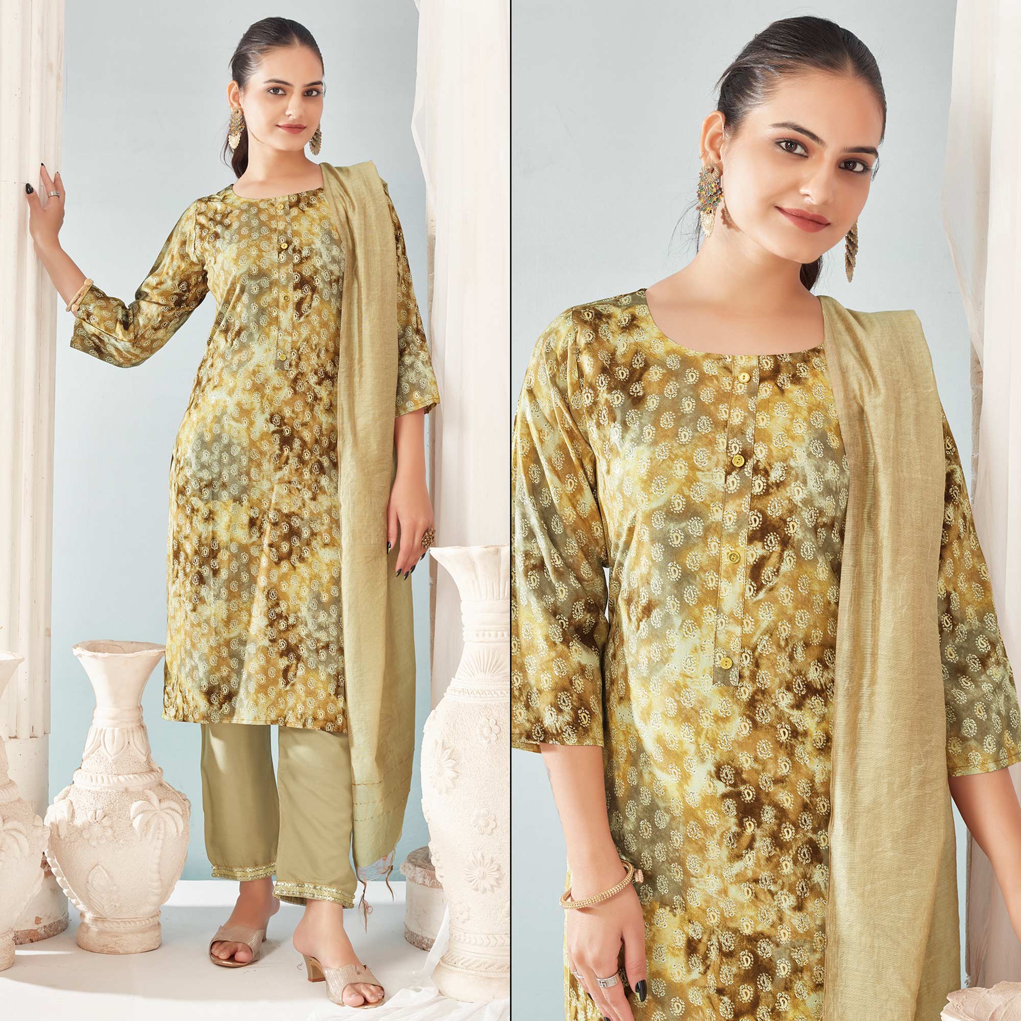 Peachmode Cream Paisley Foil Printed Rayon Suit