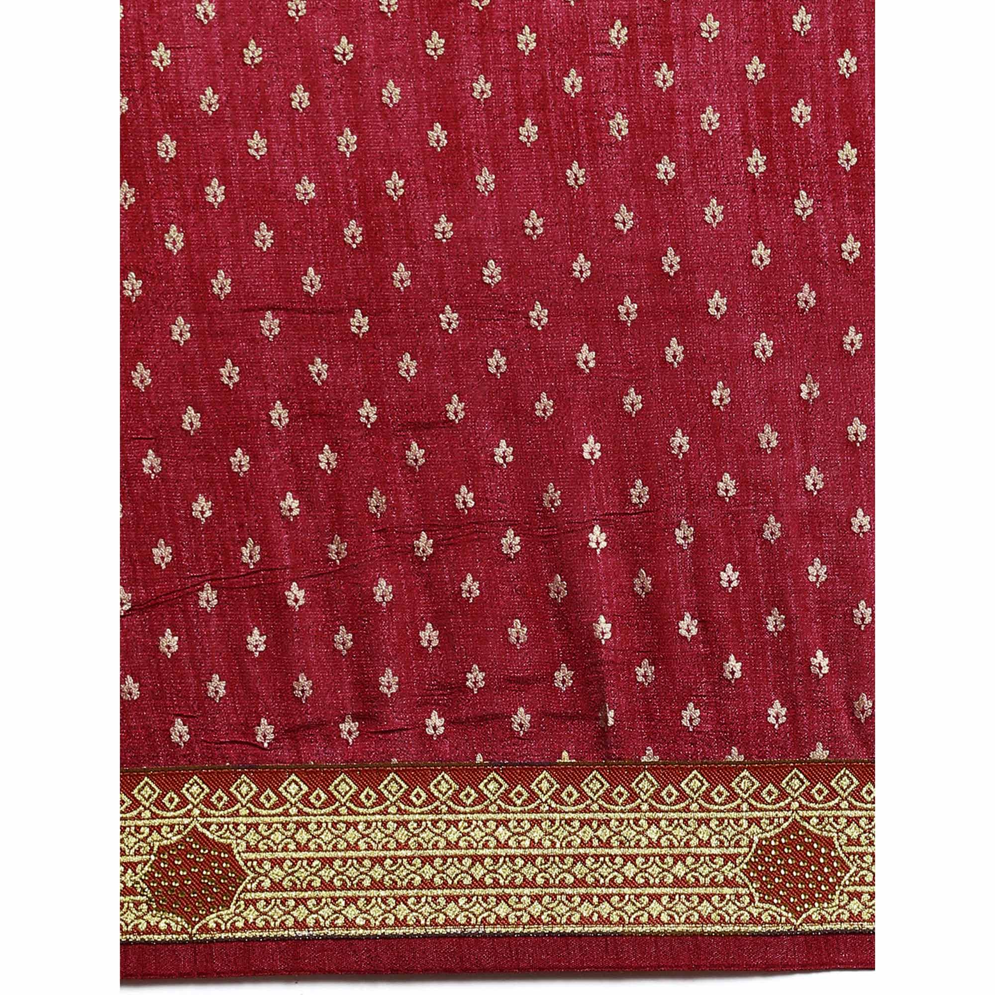 Peachmode Maroon Foil Printed With Swarovski Vichitra Silk Saree - view 5