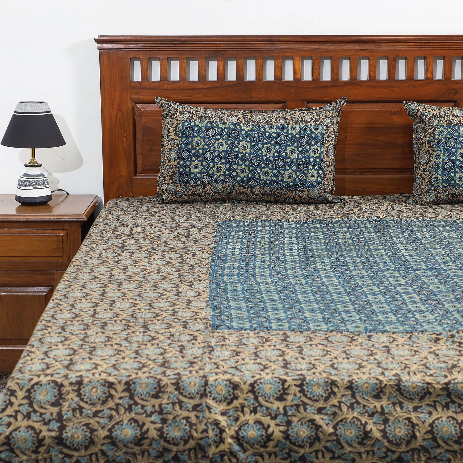 HAVELI CHRONICLES Brown - Ajrakh Patch Tukdi Kaam Cotton Double Bed Cover with Pillow Covers (109 x 86 in) - view 2