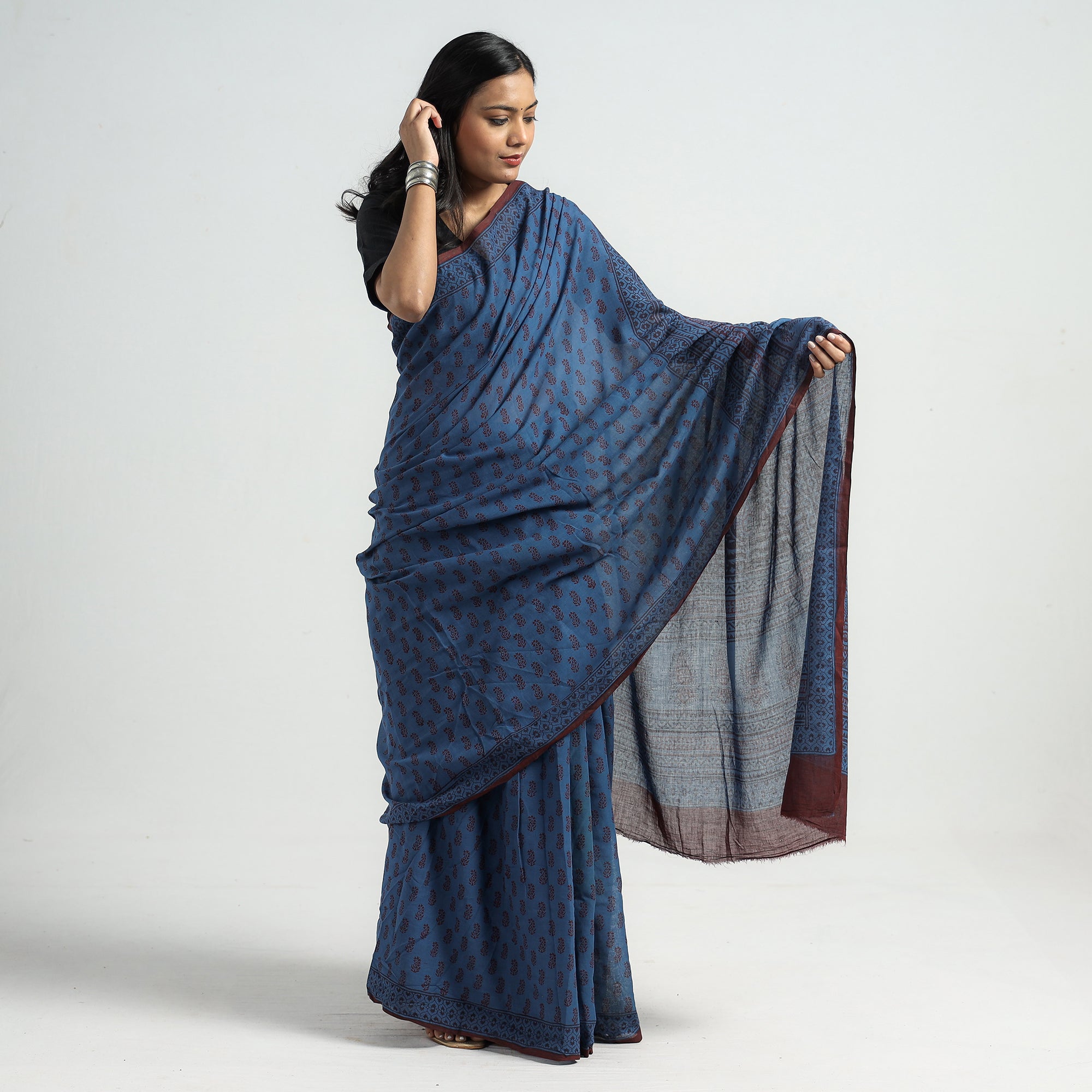 BAGH PRINTS BY YAKOOB KHATRI Blue - Bagh Hand Block Printed Cotton Saree - view 2