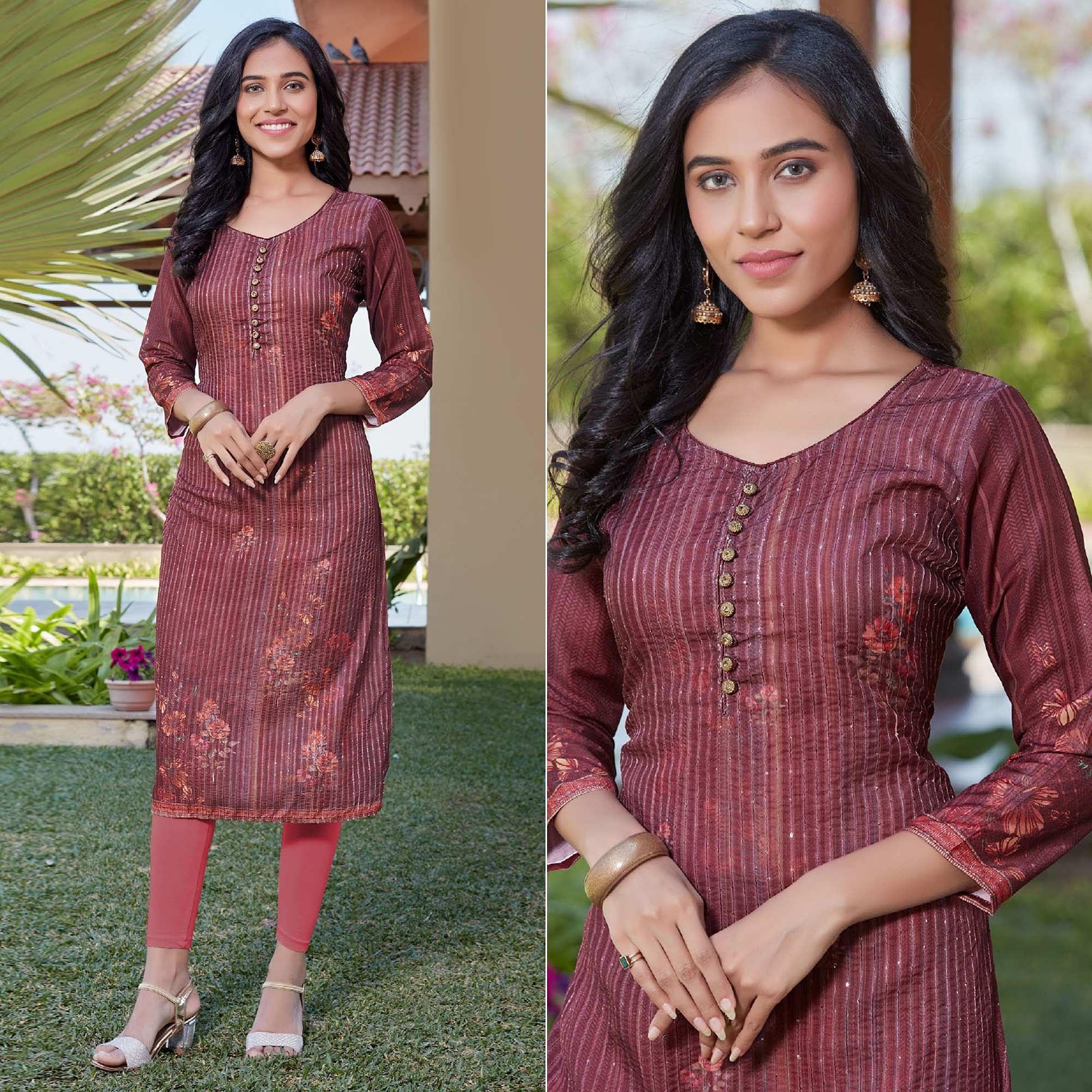 Peachmode Seller Maroon Sequins Embroidered Cotton Silk Kurti