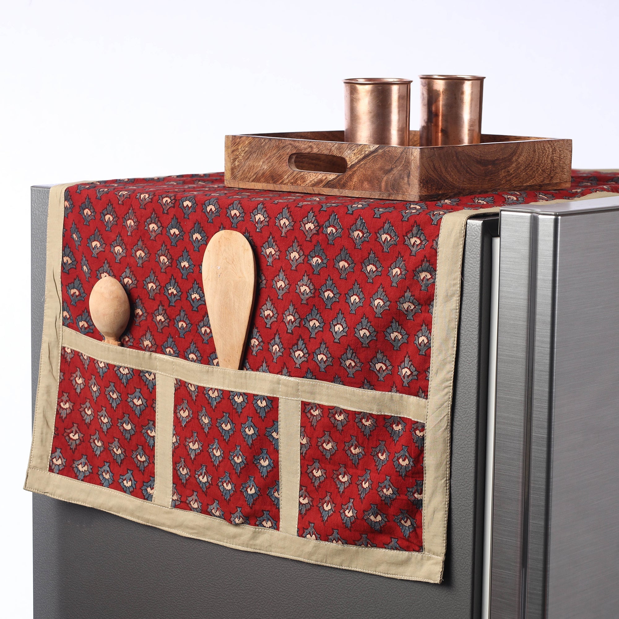JALPARI Ajrakh Block Printed Cotton Fridge Top Cover with Multiple Pockets