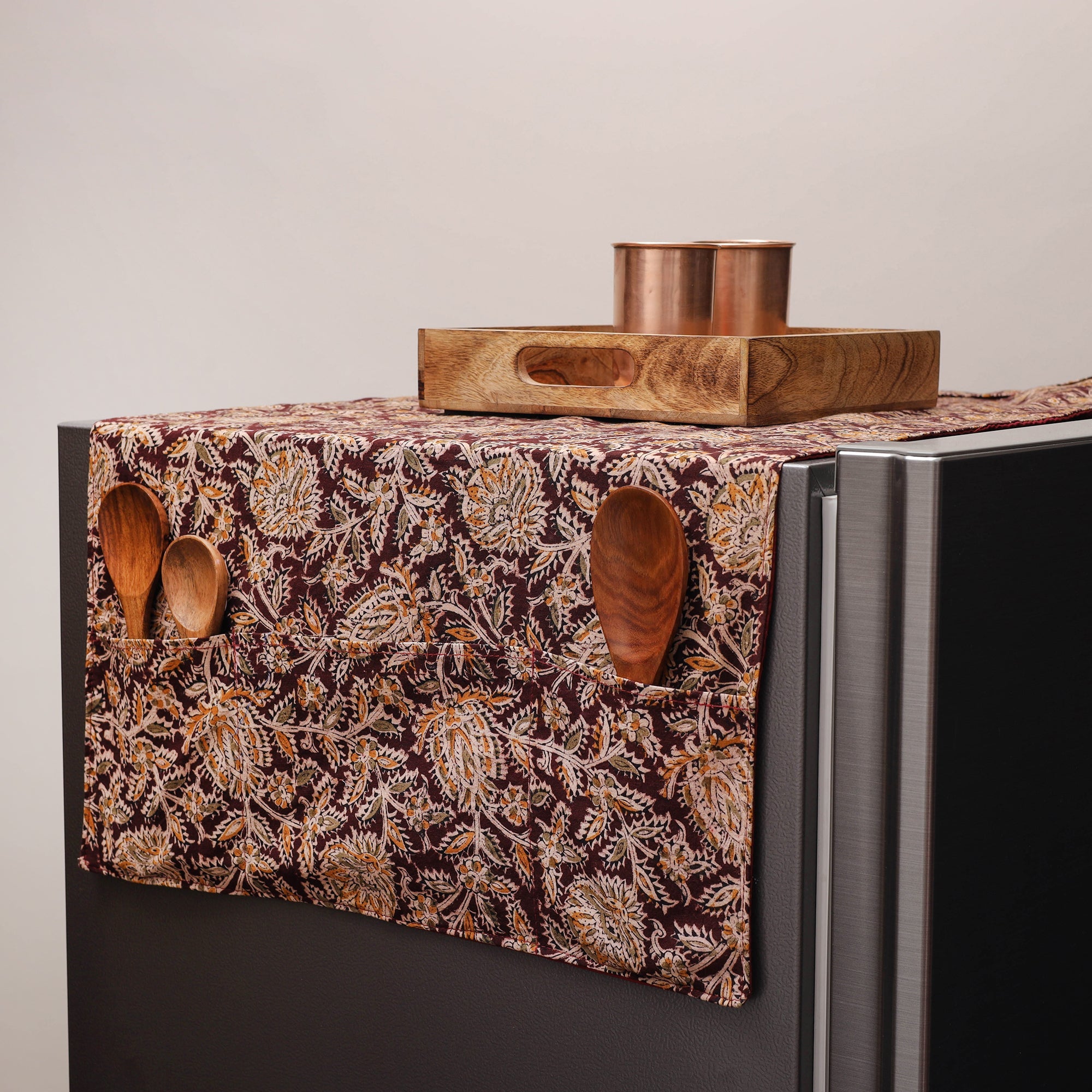 JALPARI Brown - Kalamkari Block Printed Fridge Cover with Handle Cover 08