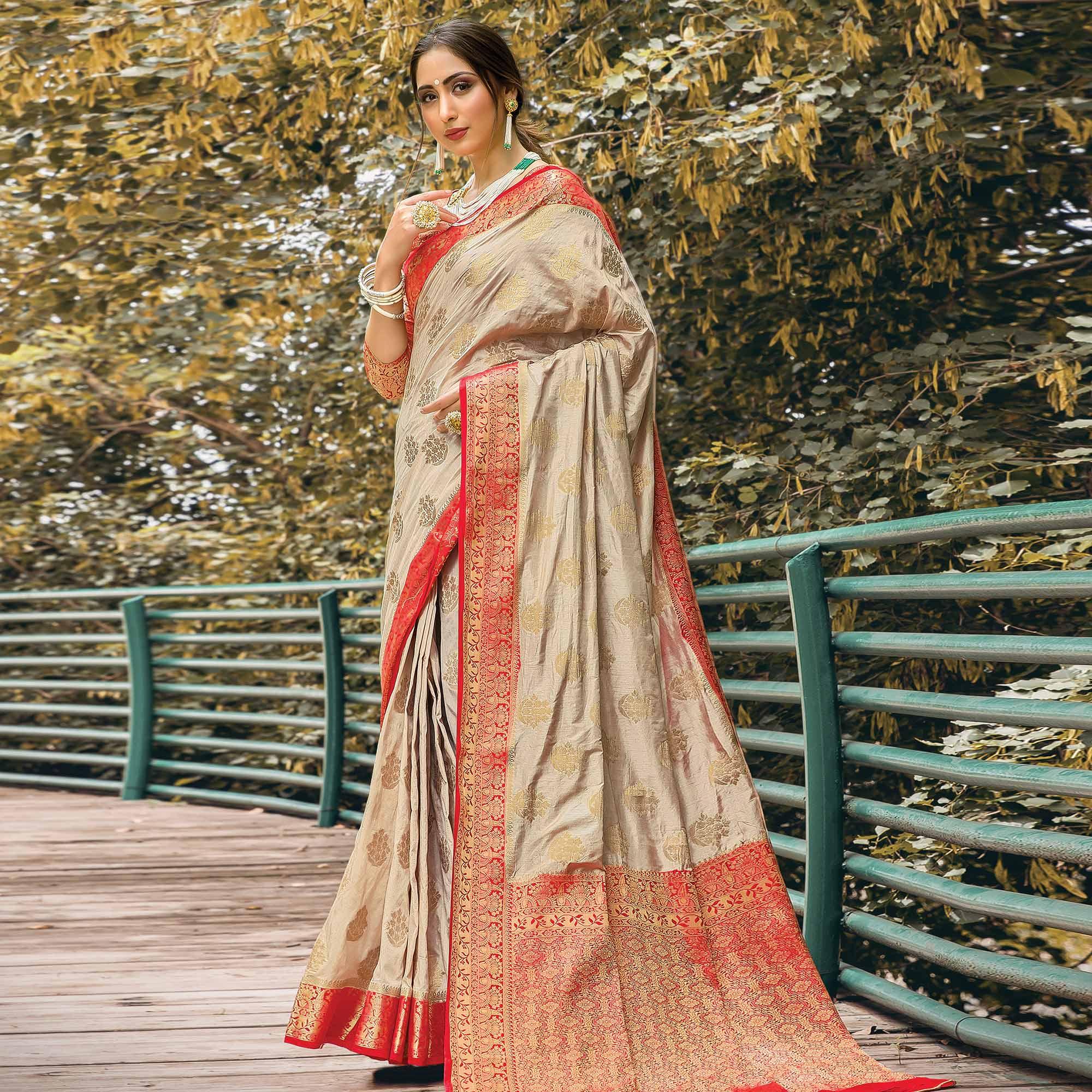 Peachmode Mesmerising Beige Colored Festive Wear Woven Nylon Silk Saree