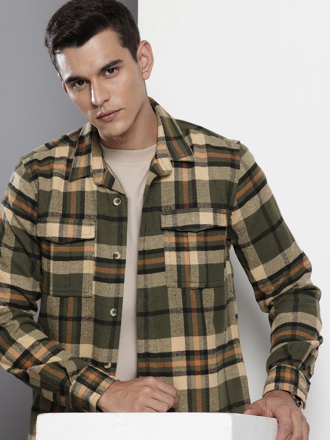 The Indian Garage Co Men's Green Regular Fit Checked Casual Shirt