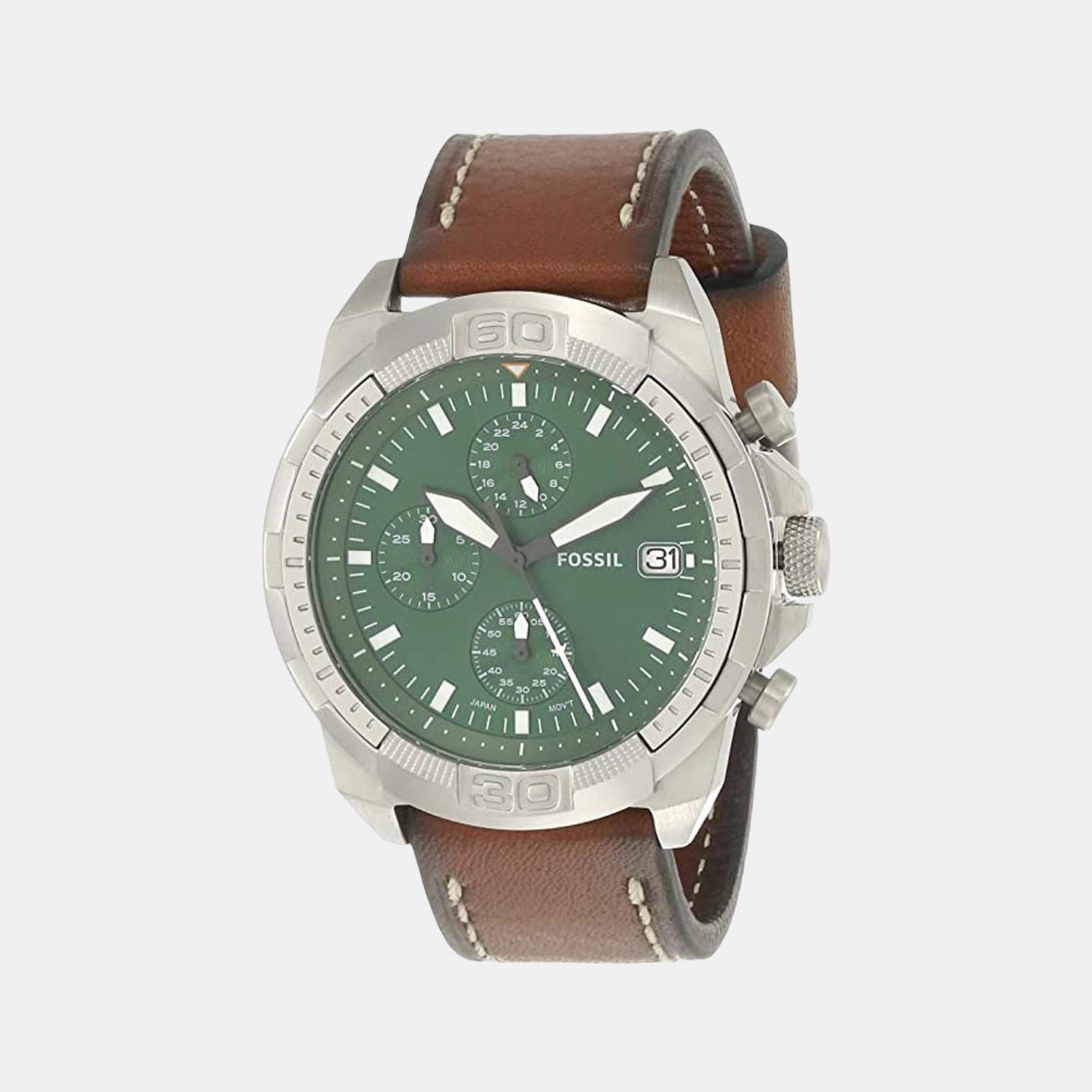Fossil Bronson Men Quartz Green Dial Chronograph Leather Watch FS5898