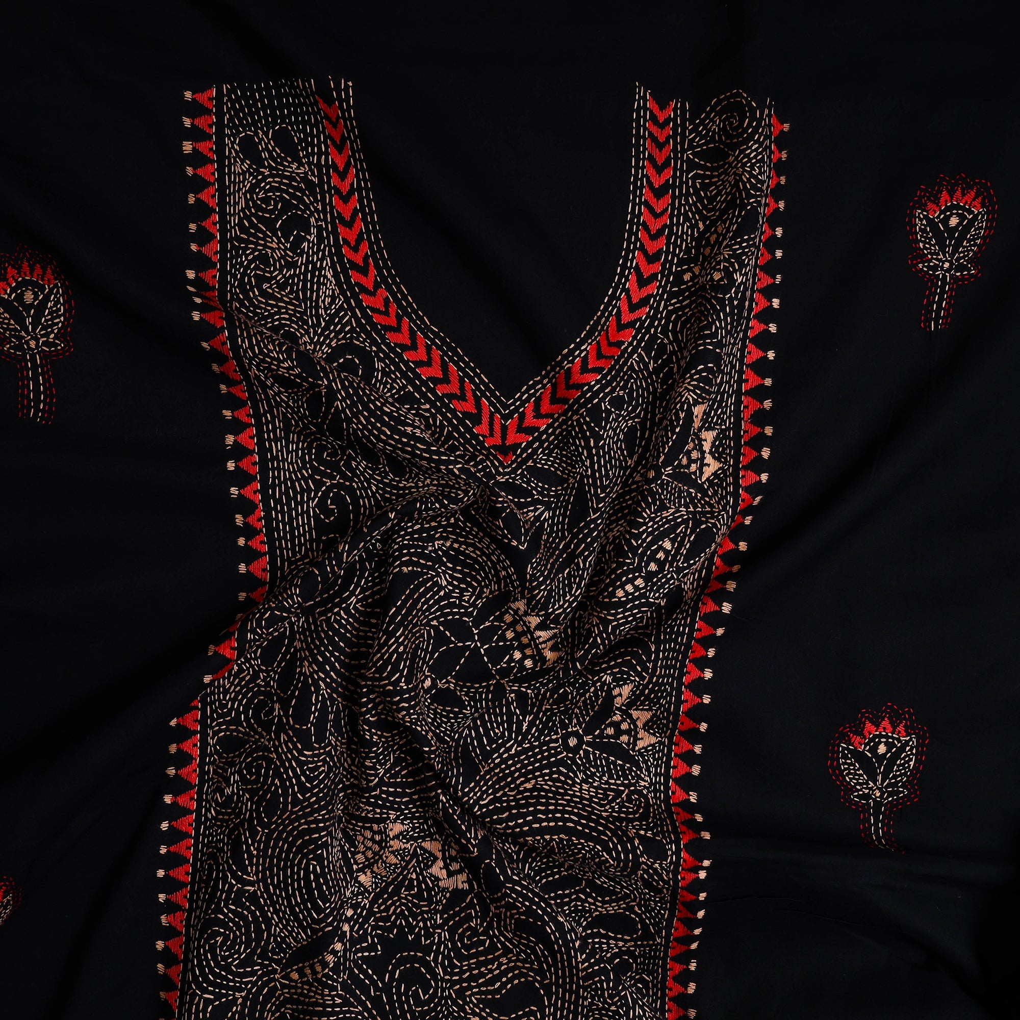 KHUSHBASH - HAPPY LOOM OF EAST Black - Bengal Kantha Embroidery Cotton Kurta Material - (2.8m) 17 - view 2