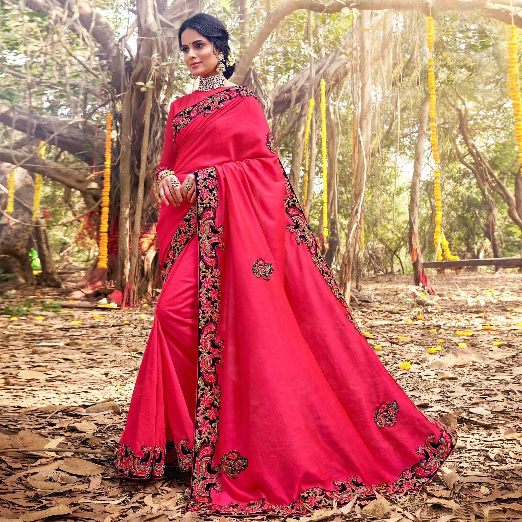 Peachmode Fantastic Pink Colored Party Wear Embroidered Art Silk Saree