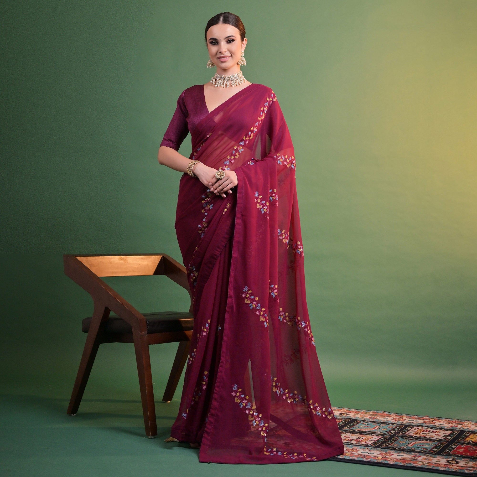Peachmode Maroon Floral Sequins Embroidered Georgette Saree - view 2