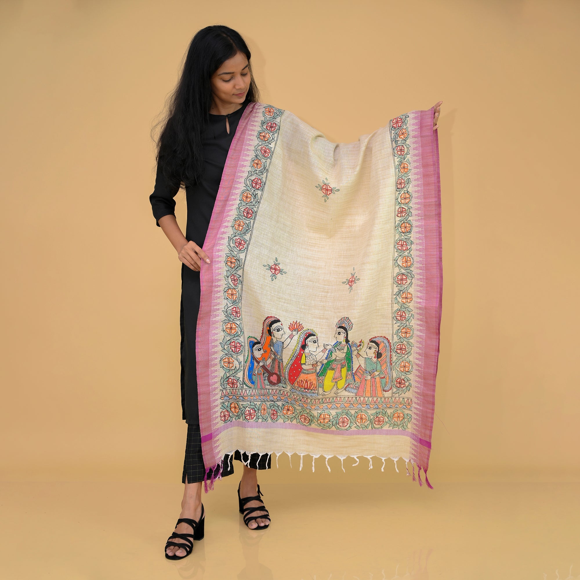 DIORAMA DESIGNS Beige - Madhubani Handpainted Gopiyan Cotton Dupatta