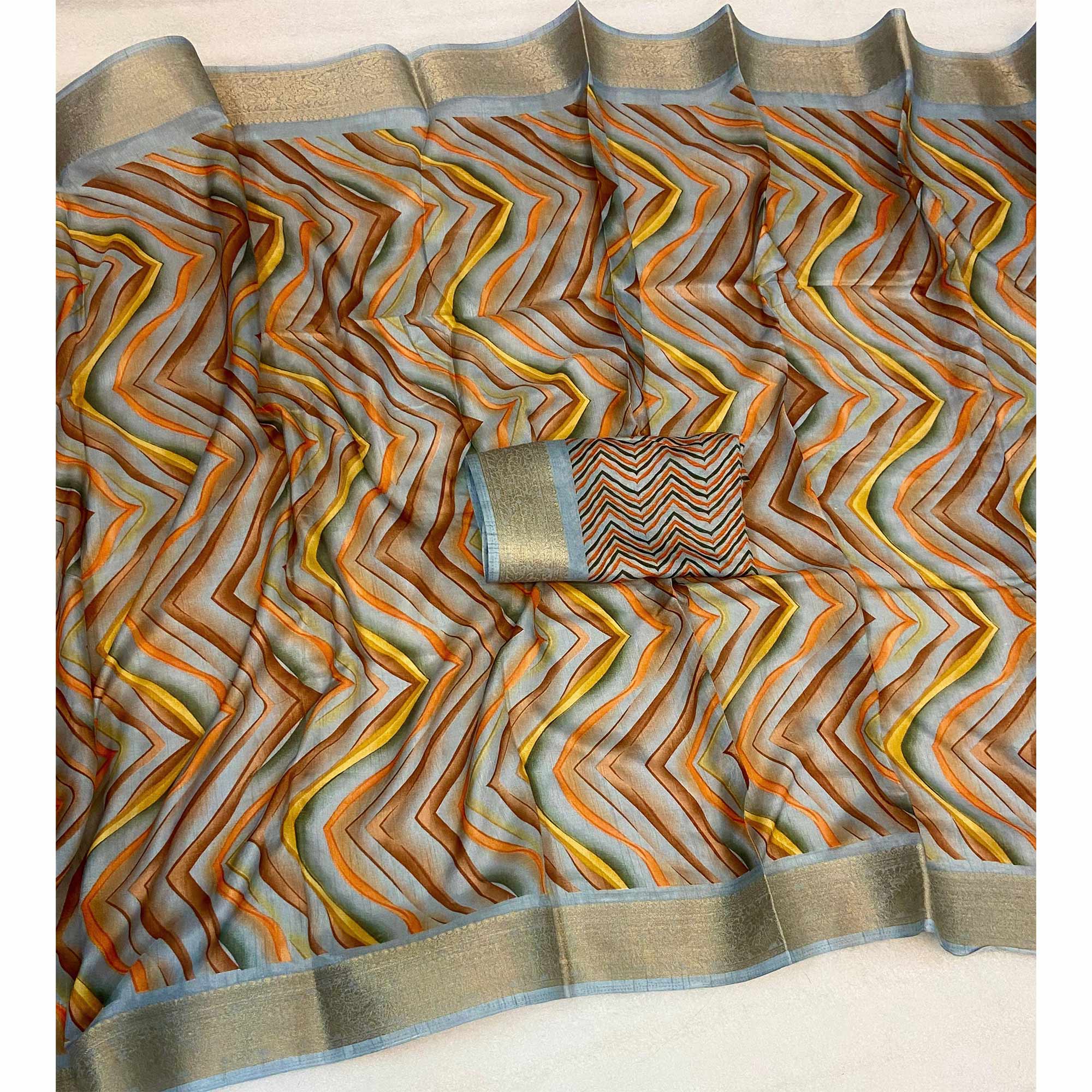 Peachmode Grey Zig Zag Printed Dola Silk Saree With Woven Border - view 3