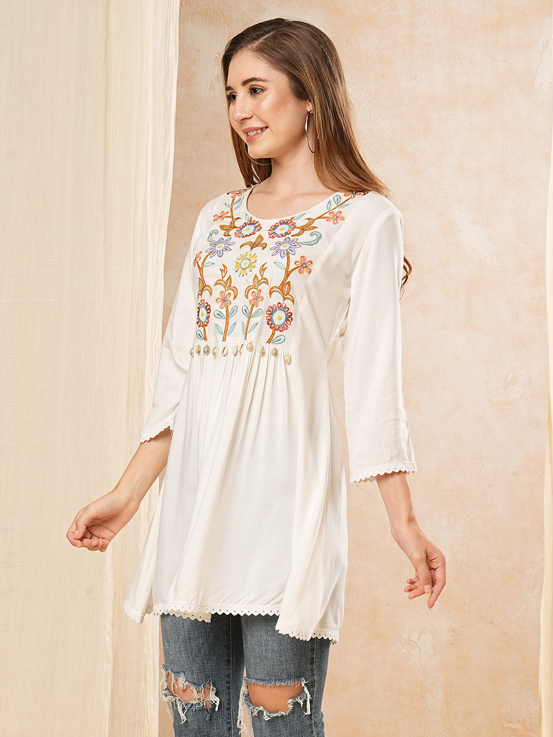 Fashor Solid Neon Floral Thread & Bead Embroidered A-Line Pleated Kurti - White - view 4