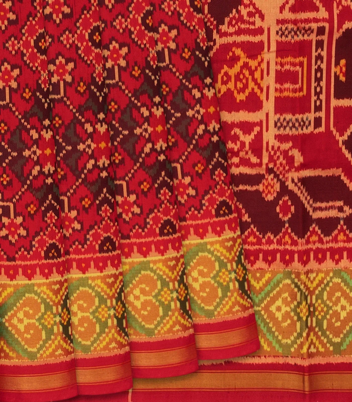 RmKV Red Handloom Ikat Silk Saree With Floral Motifs-Red