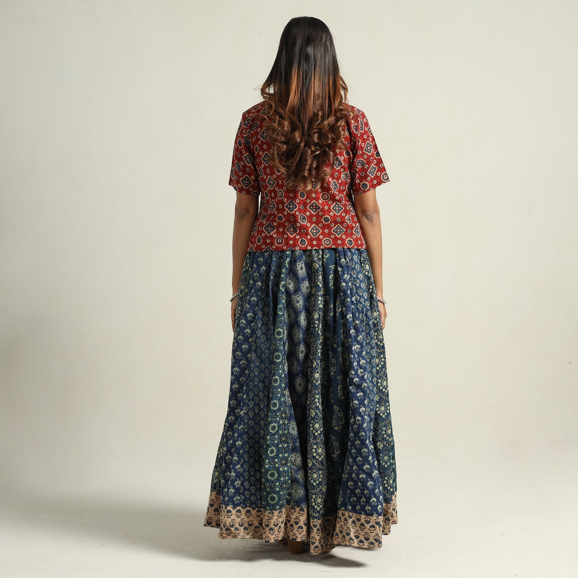 NOORI BAZAR Blue - Ajrakh Block Printed 24 Kali Patchwork Cotton Long Skirt 31 - view 7