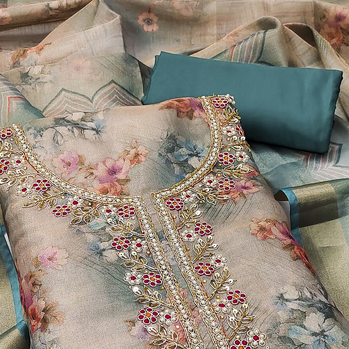 Peachmode Morpich Floral Digital Printed With Handwork Viscose Dress Material - view 2