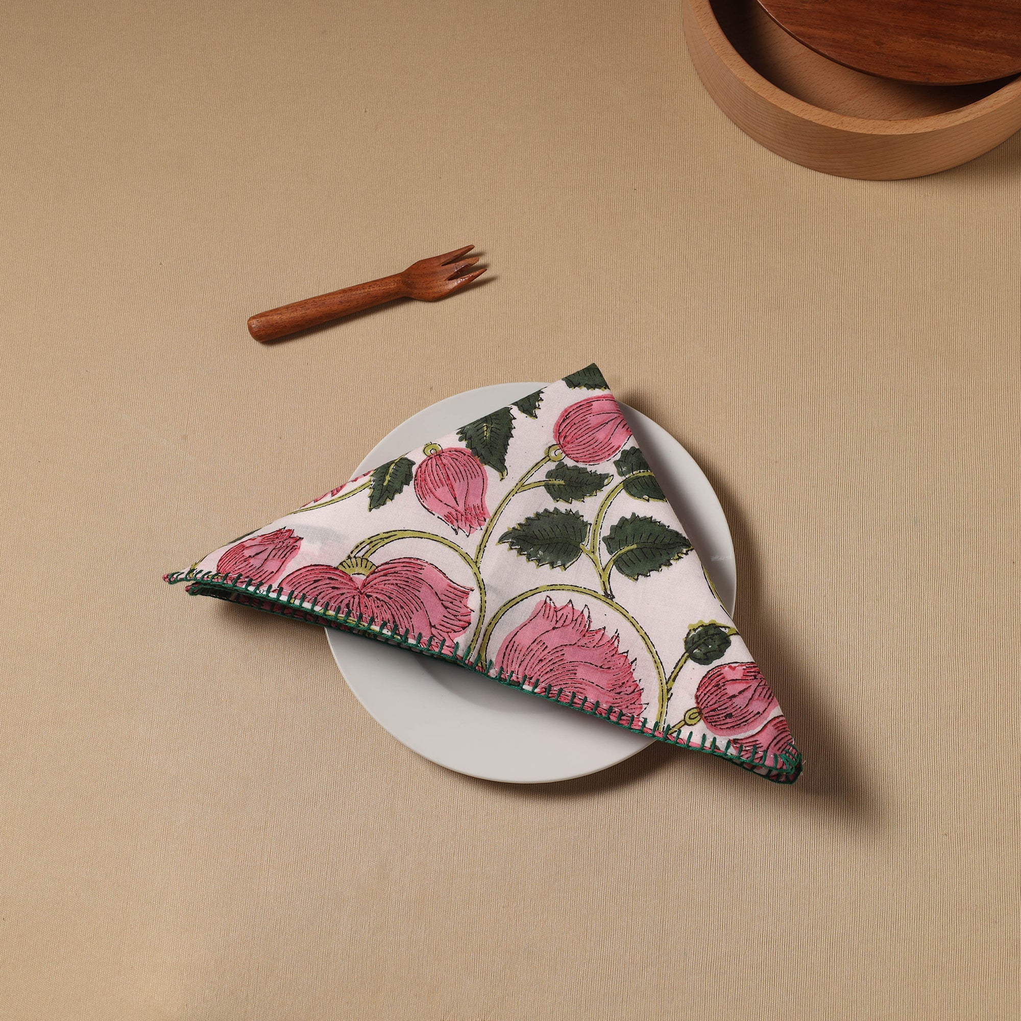 NOORI BAZAR Floral Block Print Cotton Hand Embroidery Table Napkin 09