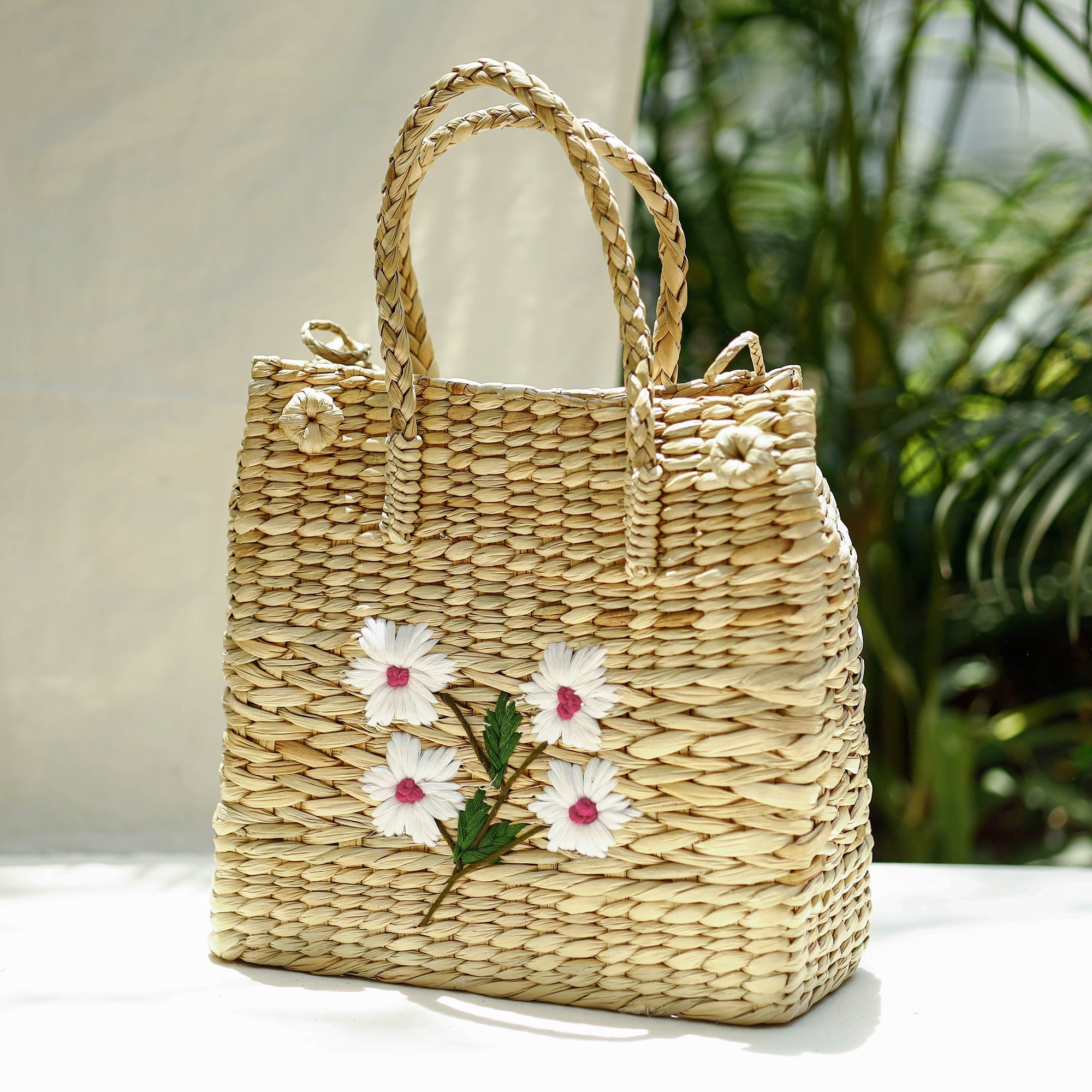 ITOKRI CRAFTS INITIATIVE Beige - Handcrafted Natural Water Reed Embroidered Shopping Bag
