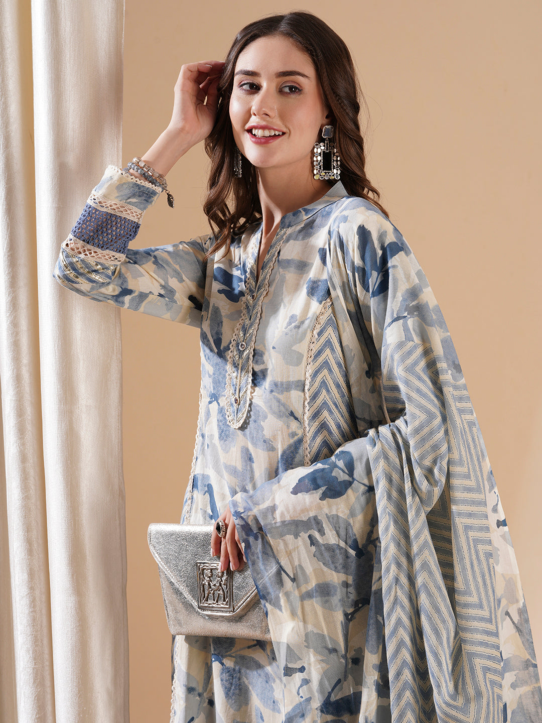 Fashor Abstract Printed Lace Work Paneled A-line Kurta with Pants & Dupatta - Blue - view 3
