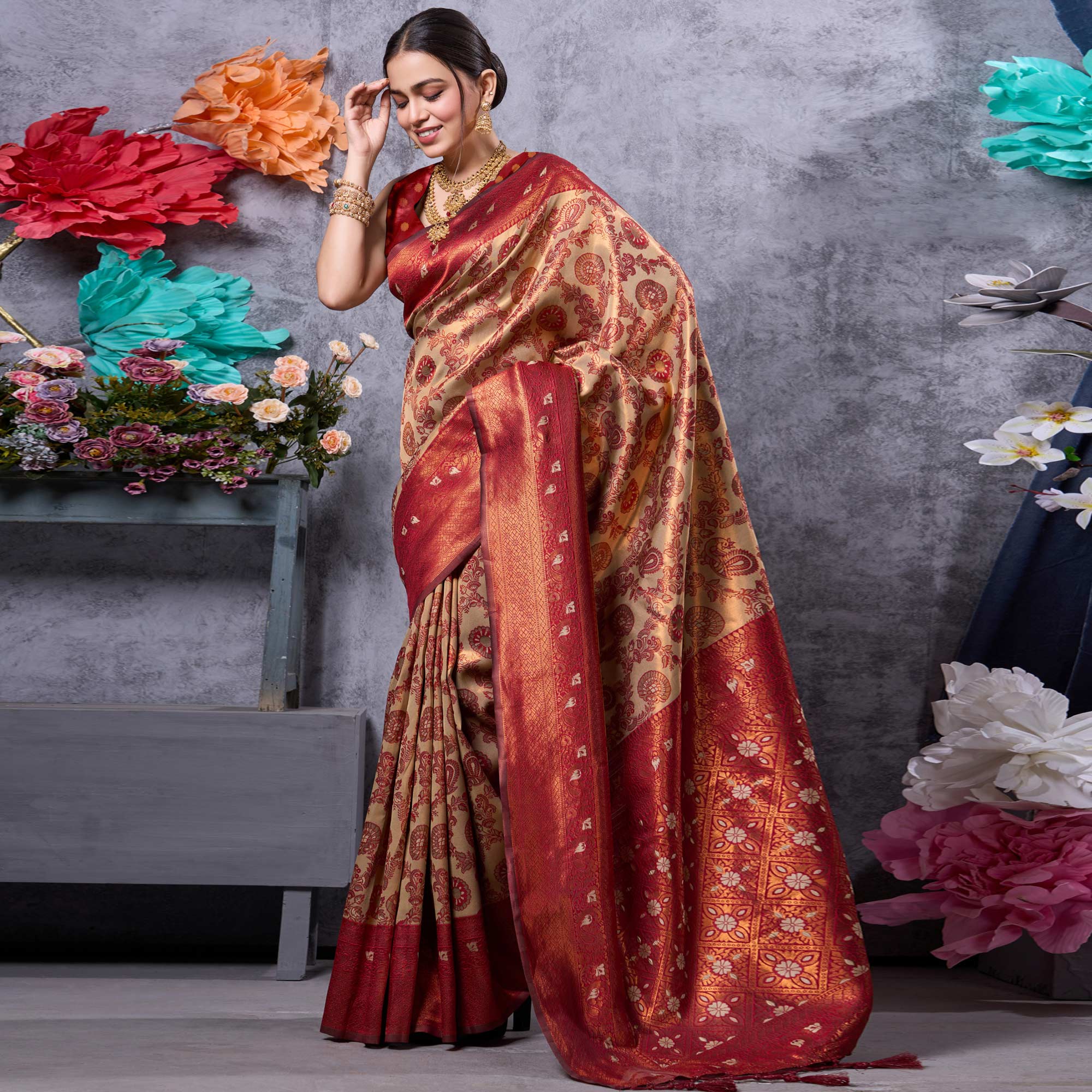 Peachmode Cream Woven Kanjivaram Silk Saree – Women's - view 2