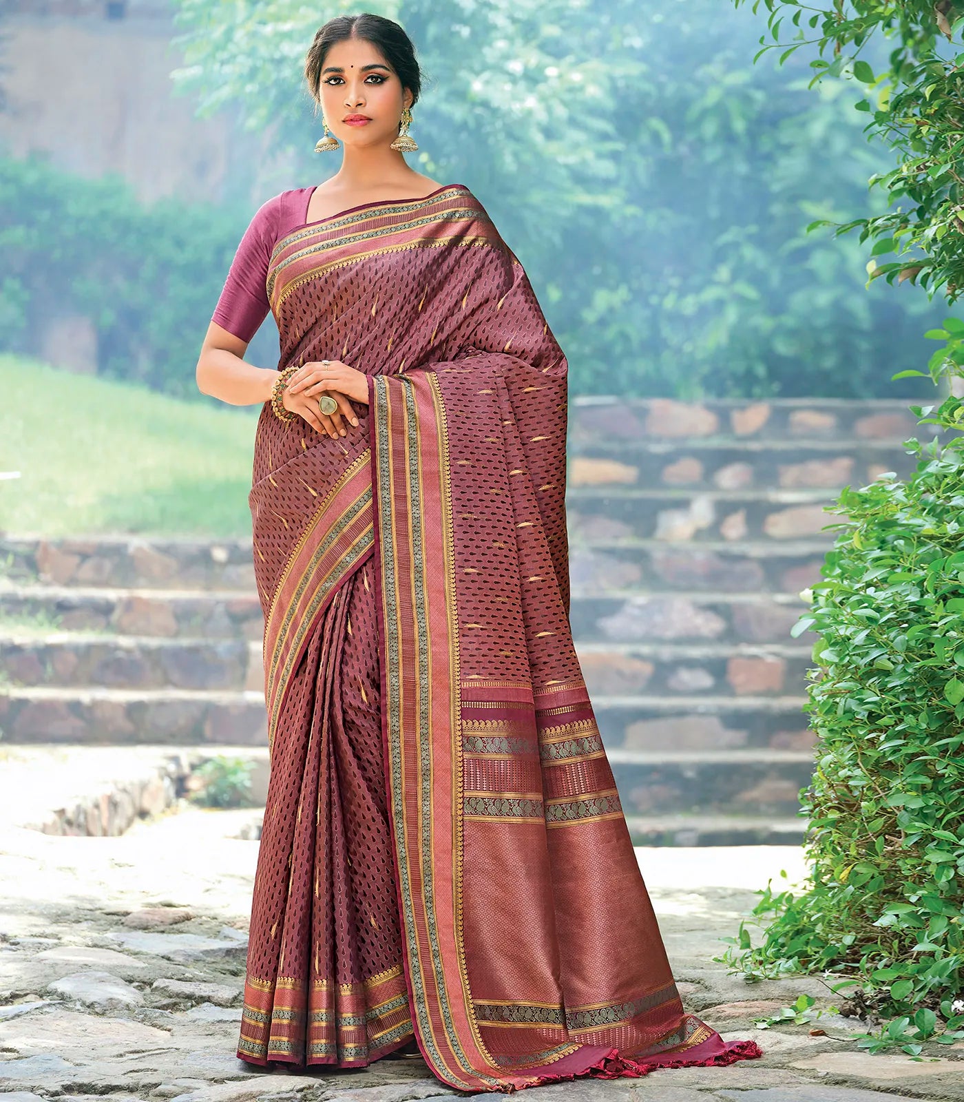 RmKV Mauve Handloom Natural Dyed Silk Saree With Jasmine Bud Motifs