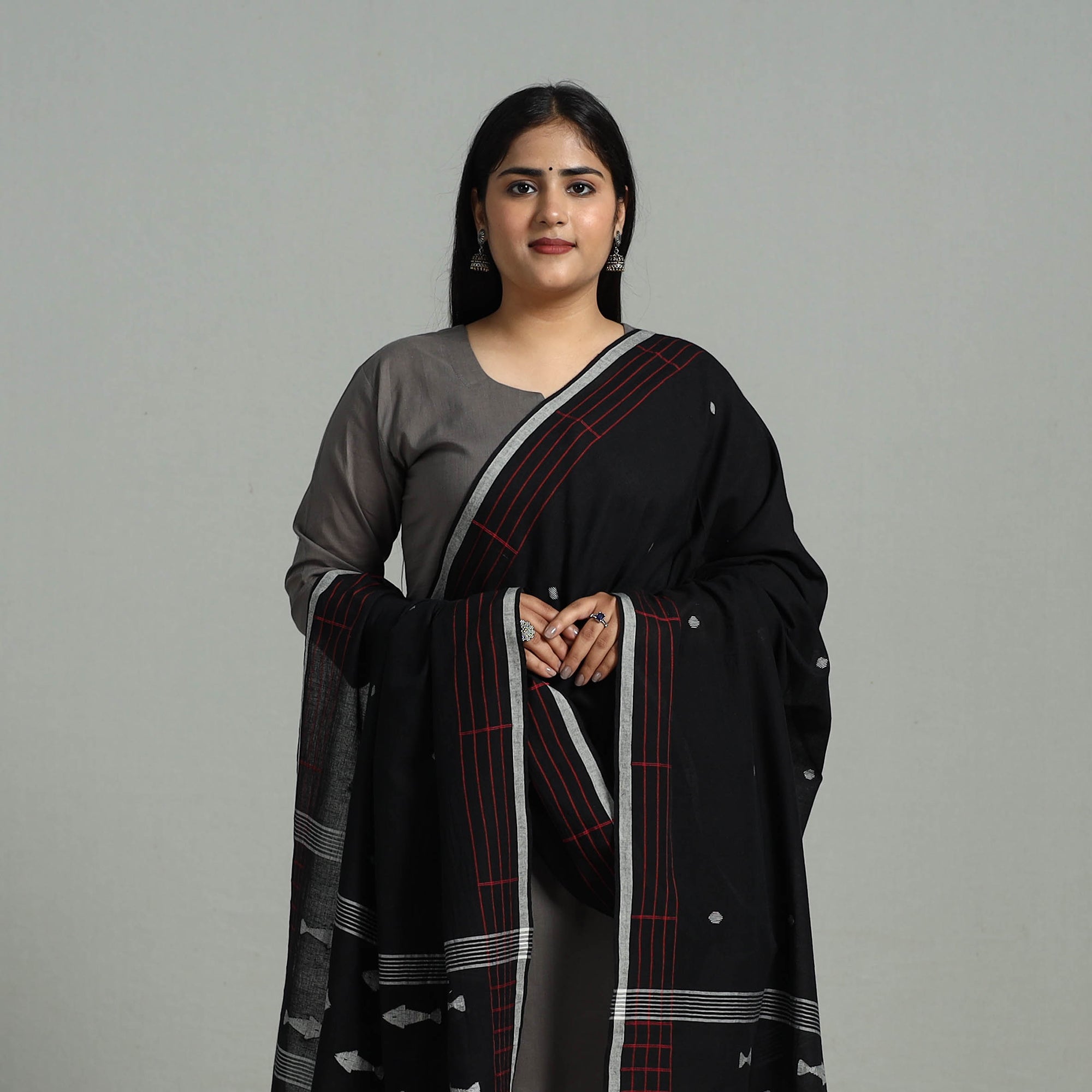 KHUSHBASH - HAPPY LOOM OF EAST Black - Handloom Cotton Burdwan Jamdani Dupatta 19 - view 3