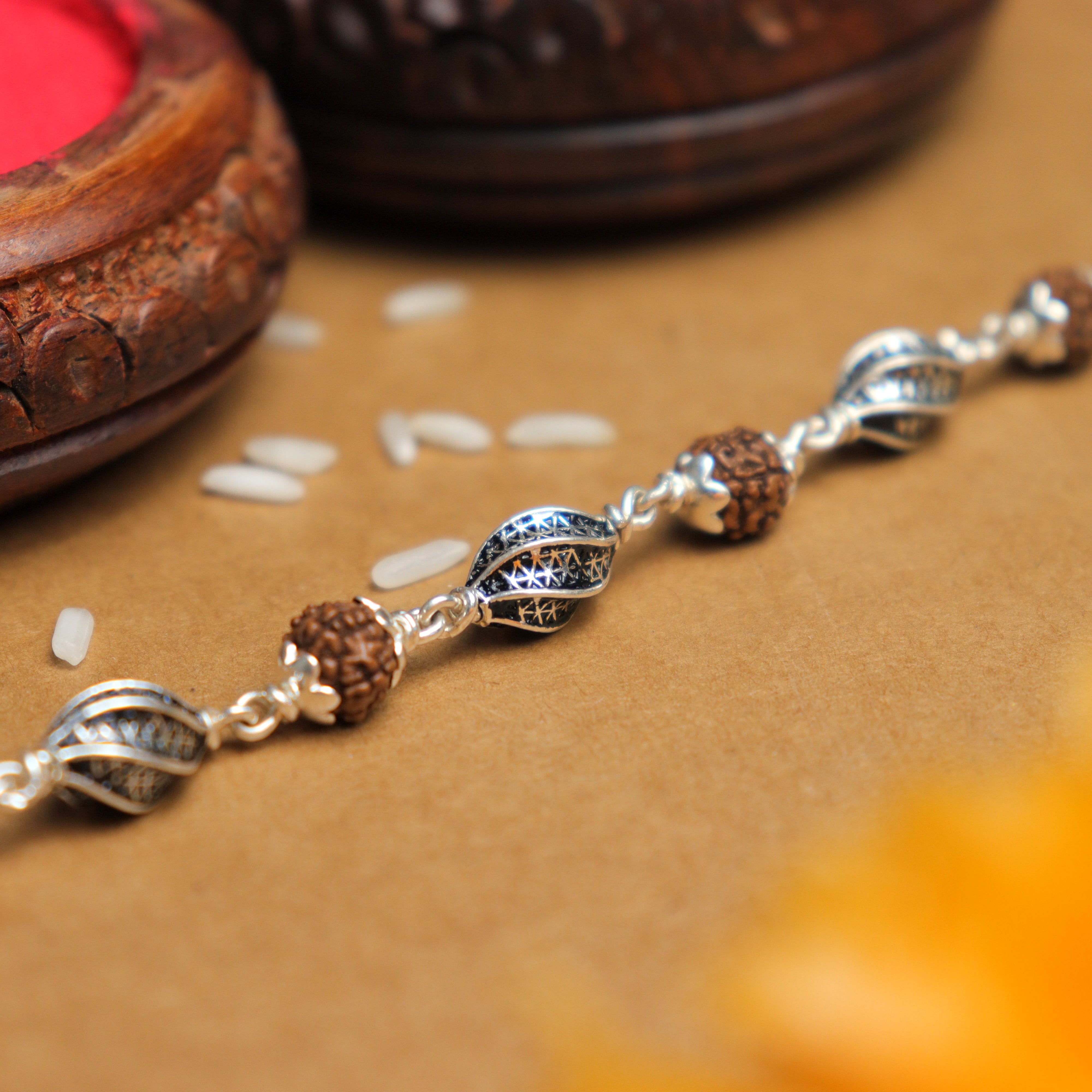 Prinjal Jewellers Rudraksha Silver Marqurise Beads Bracelet