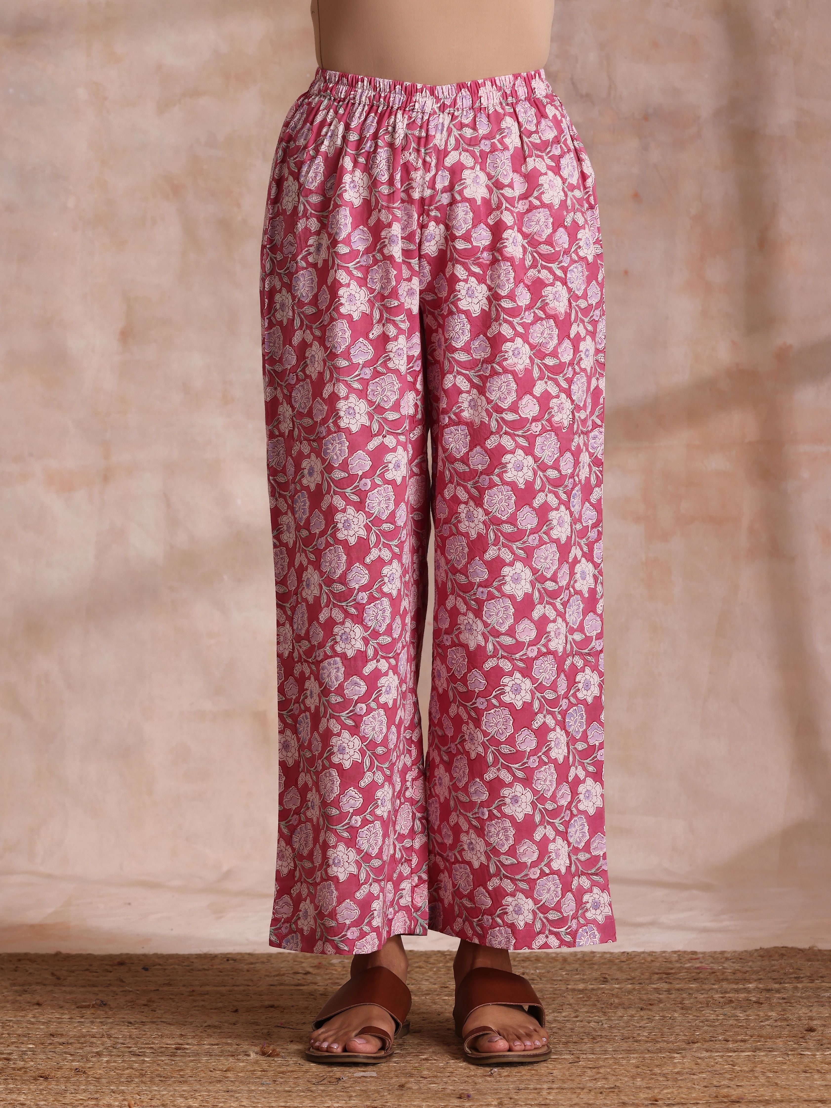 Pink Green Floral On White Block Print Cotton Slit Kurta Pant Set | Relove - view 7