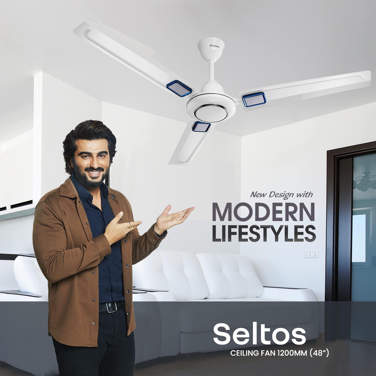 Candes Seltos 1200mm/48 inch High Speed Anti-dust Decorative 405 RPM, 3 Star Rated Ceiling Fan with 2 Yrs Warranty (White Blue) - view 2