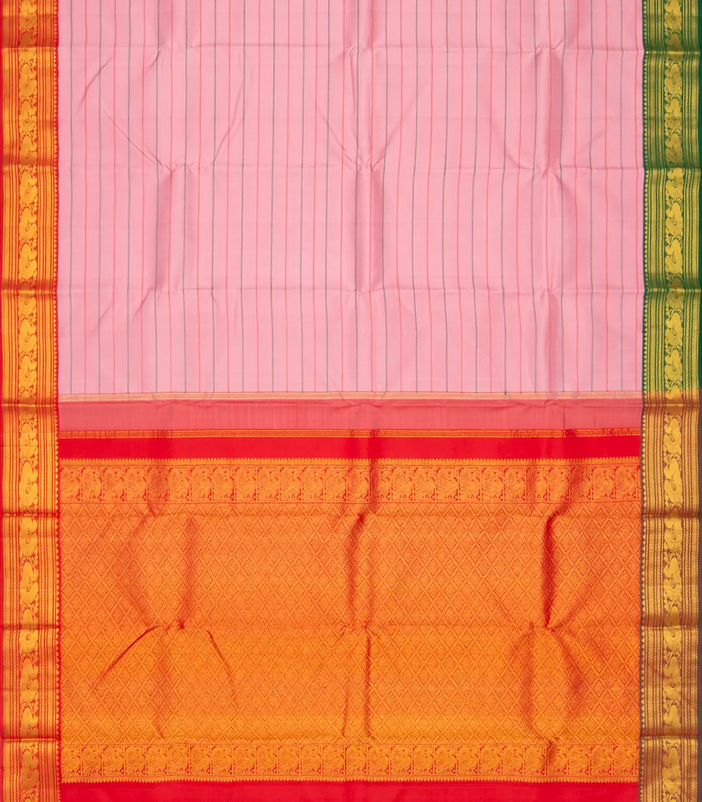 RmKV Baby Pink Handloom Kanchipuram Korvai Silk Saree With Beldari Stripes & Ganga Jamuna Border-Baby Pink - view 2