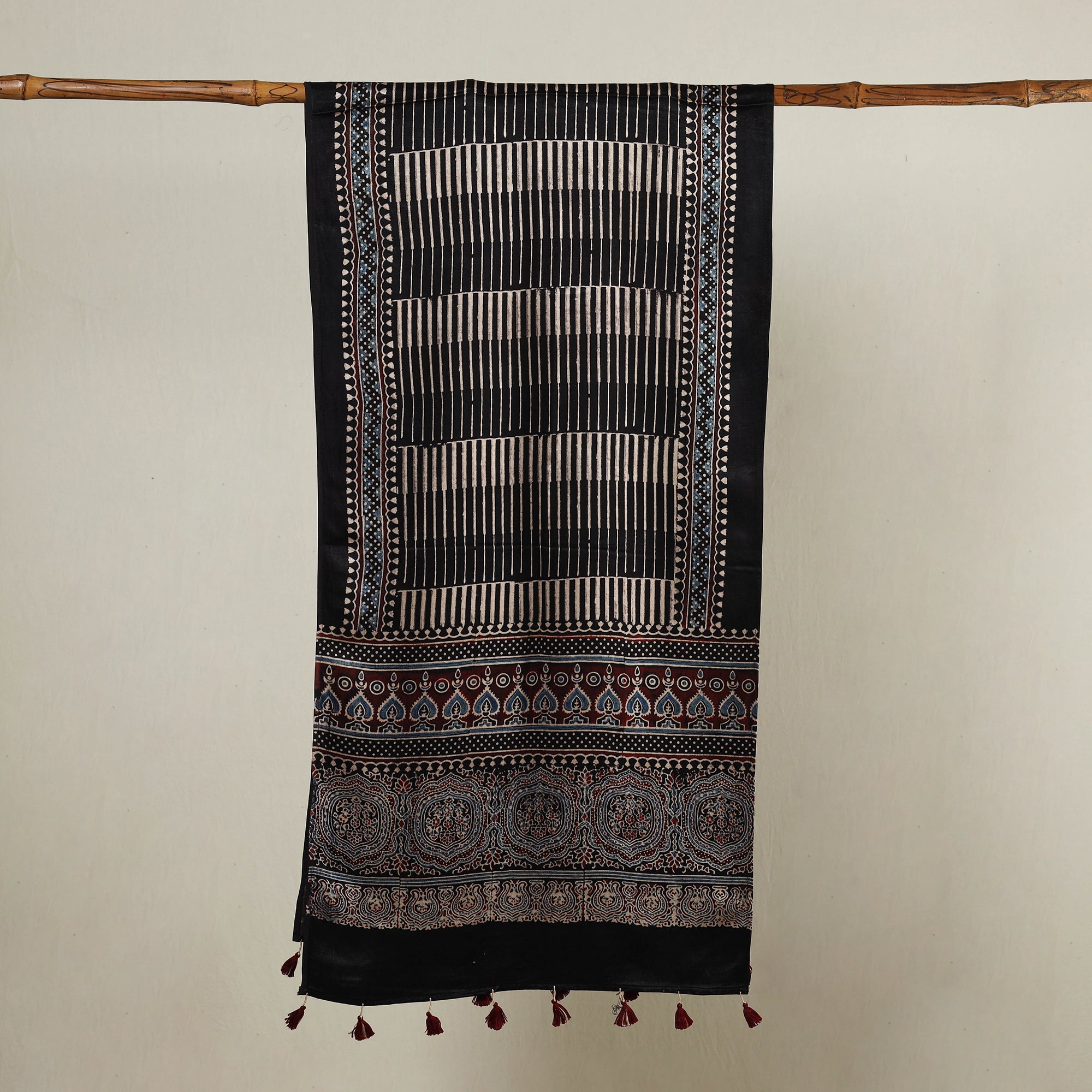 RIYAZ ABDULMAJID KHATRI - AJRAKH Black - Ajrakh Hand Block Printed Mashru Silk Stole with Tassels - view 2