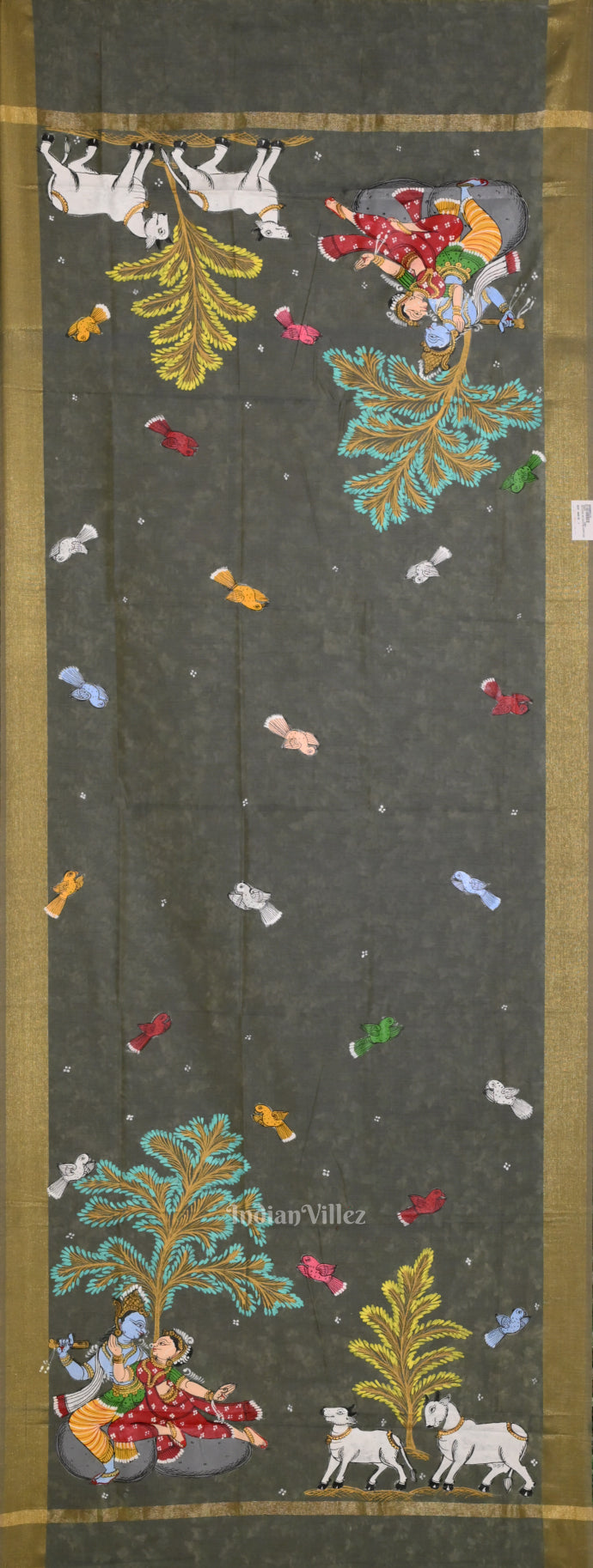 IndianVillèz Gray Radha Krishna Hand-Painted Patachitra Chanderi Dupatta