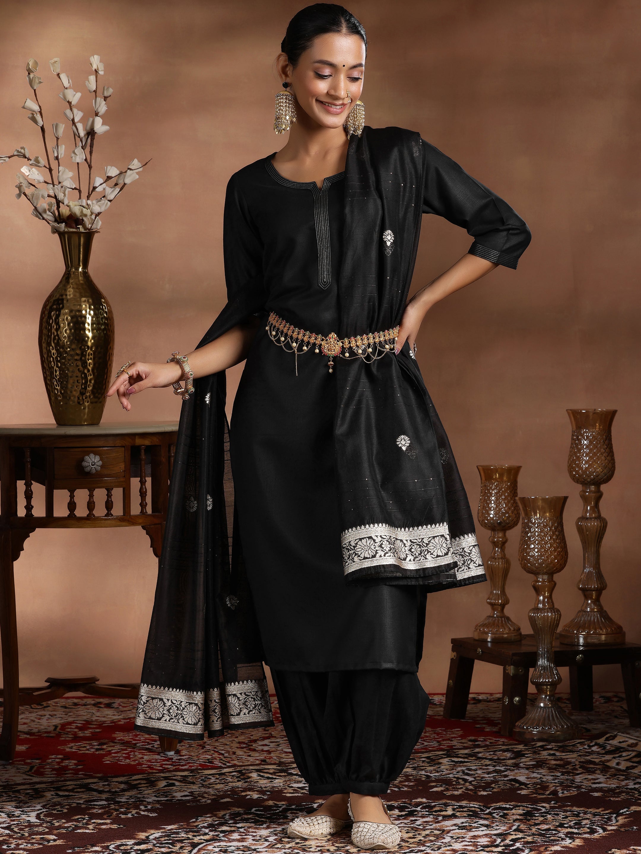 Libas Black Solid Silk Blend Straight Suit With Dupatta