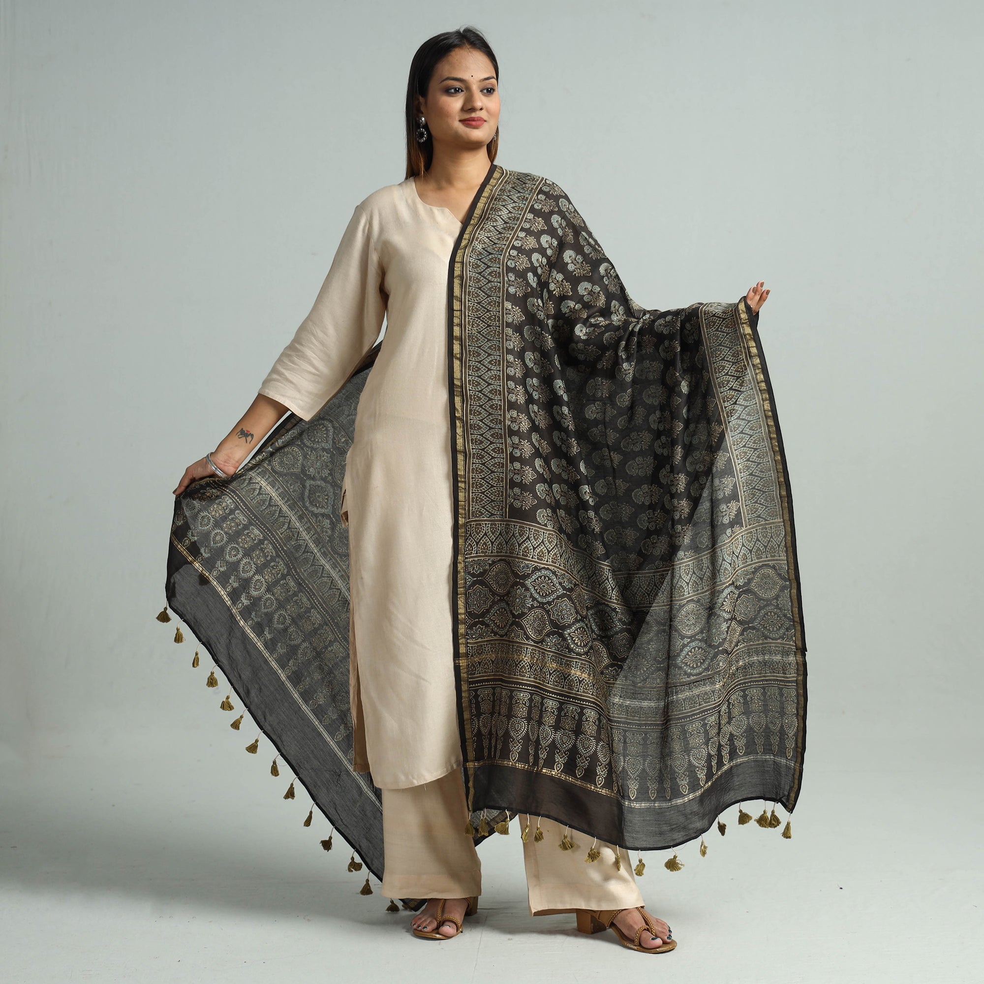 KACHCHH JI CHHAAP Black - Hand Block Print Chanderi Silk Ajrakh Dupatta 53