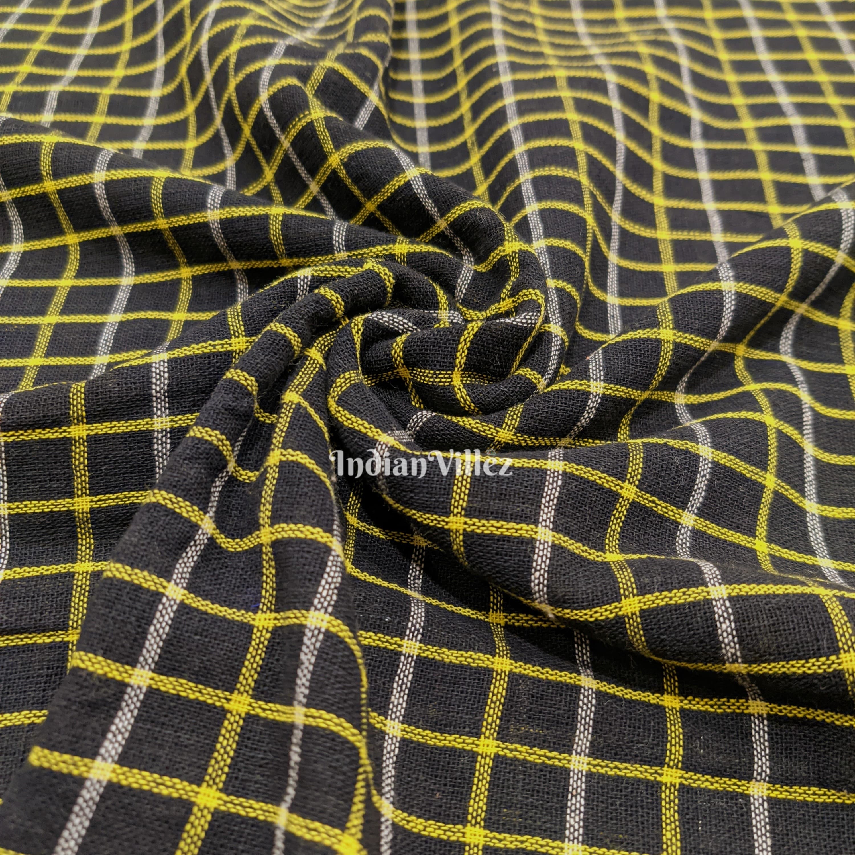 IndianVillèz Black Yellow Checkered Organic Natural Dyed Kotpad Handloom Fabric