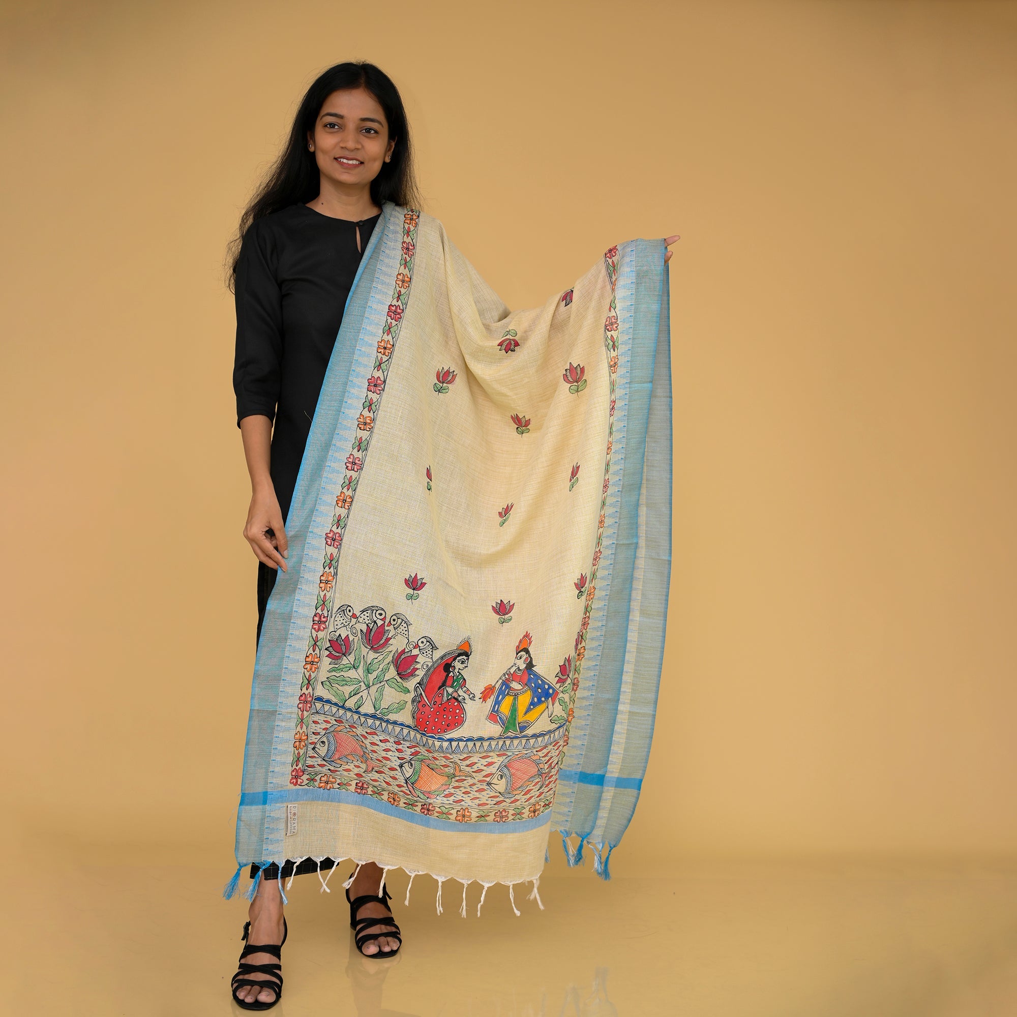 DIORAMA DESIGNS Beige - Handpainted "Serene" Madhubani Cotton Dupatta