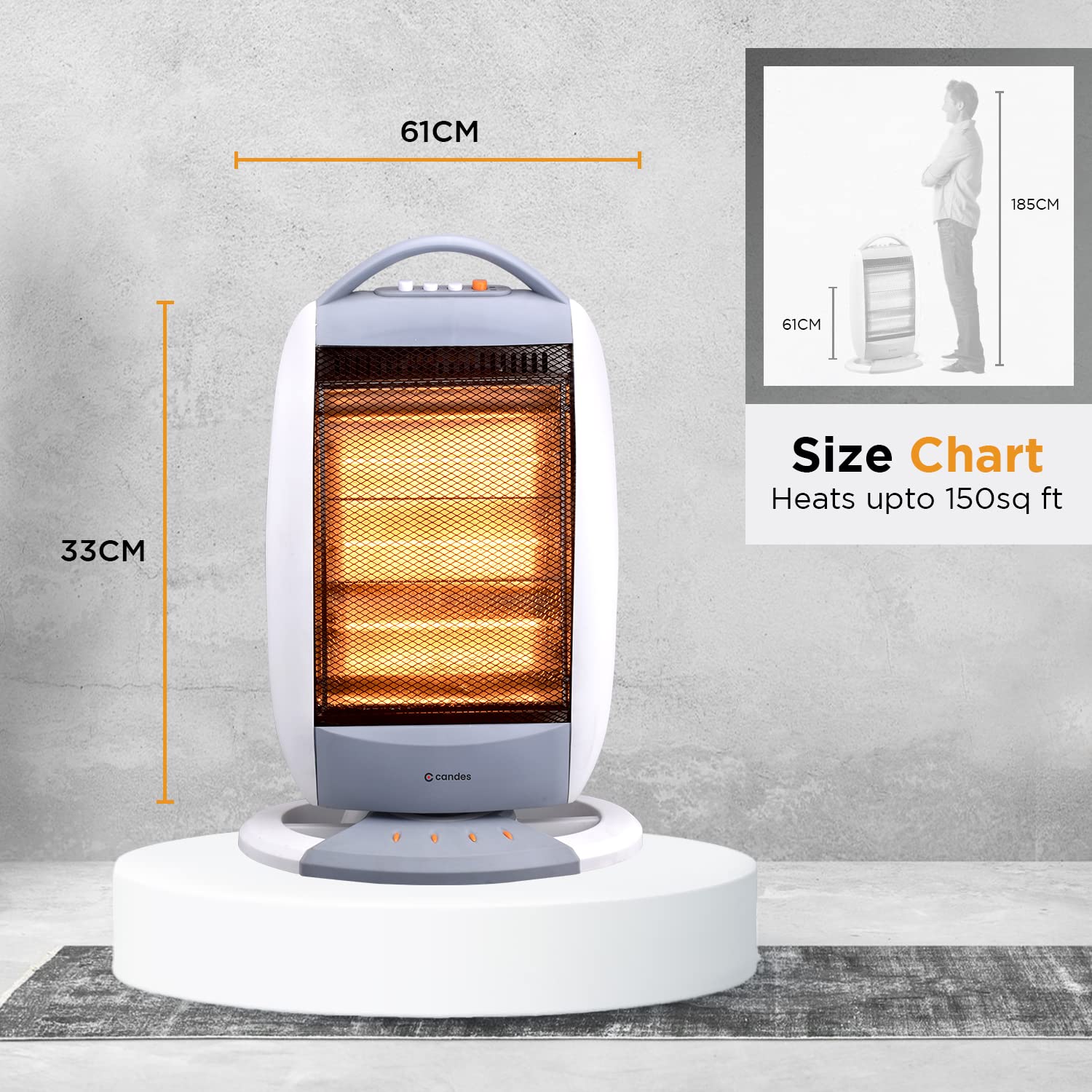 Candes New Infra3 1200 Watt Noiseless Portable Halogen Room Heater with Auto Moving Feature upto 180 degree ABS Body 3 Stage Heating Controller Overhe - view 8