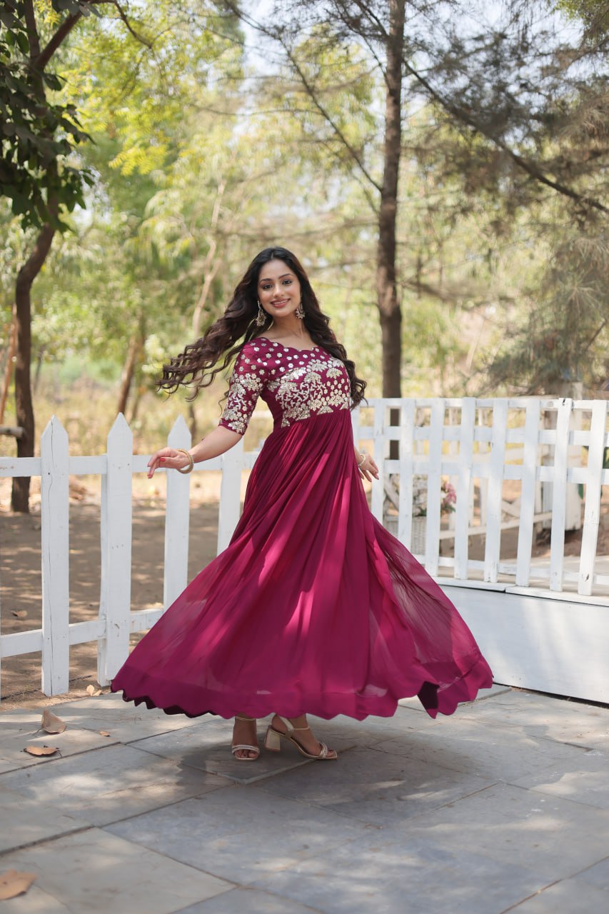 ClothsVilla Magenta Luxury Faux Blooming Designer Gown with Zari & Sequins Embroidery - view 2