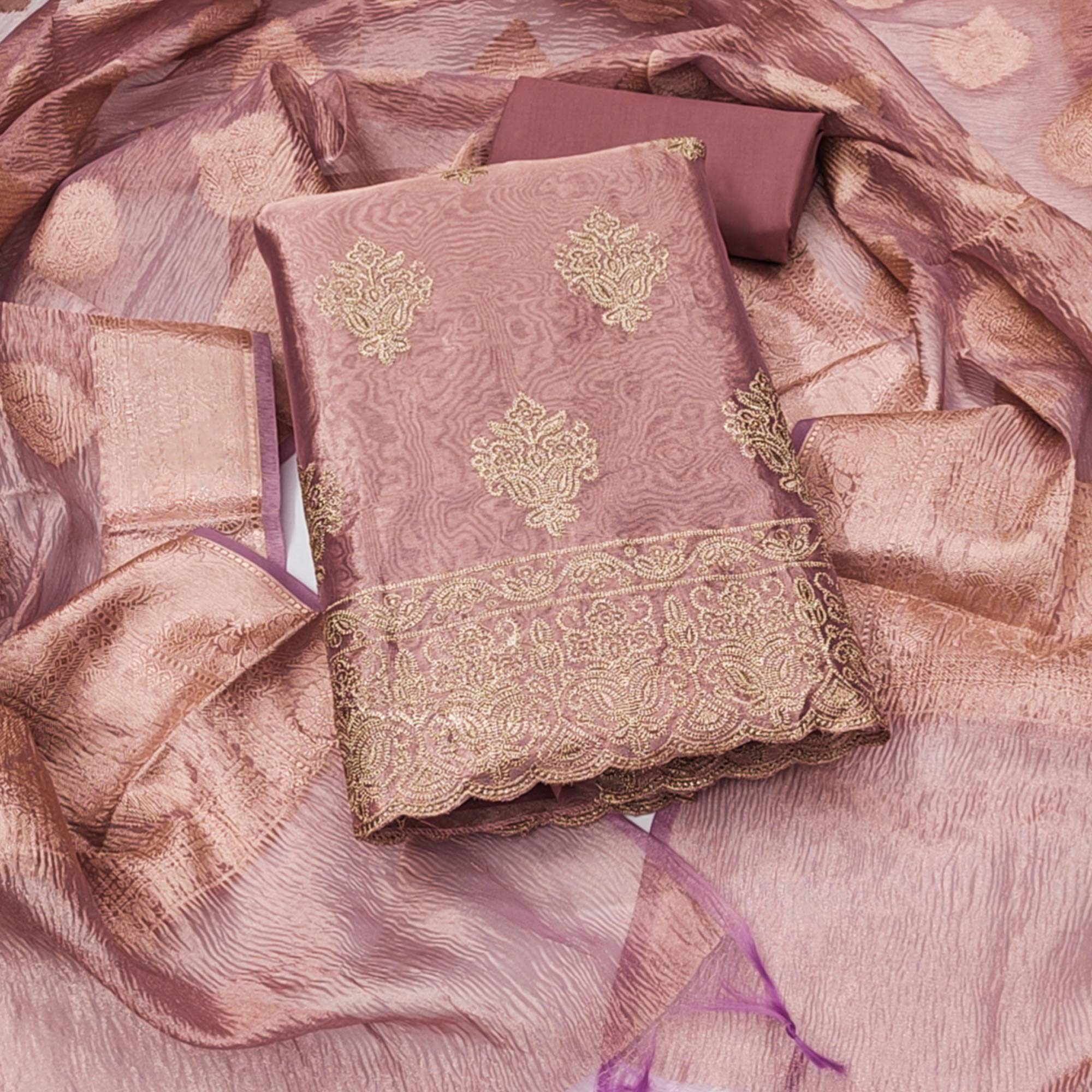 Peachmode Dusty Rose Pink Floral Embroidered Shimmer Organza Dress Material