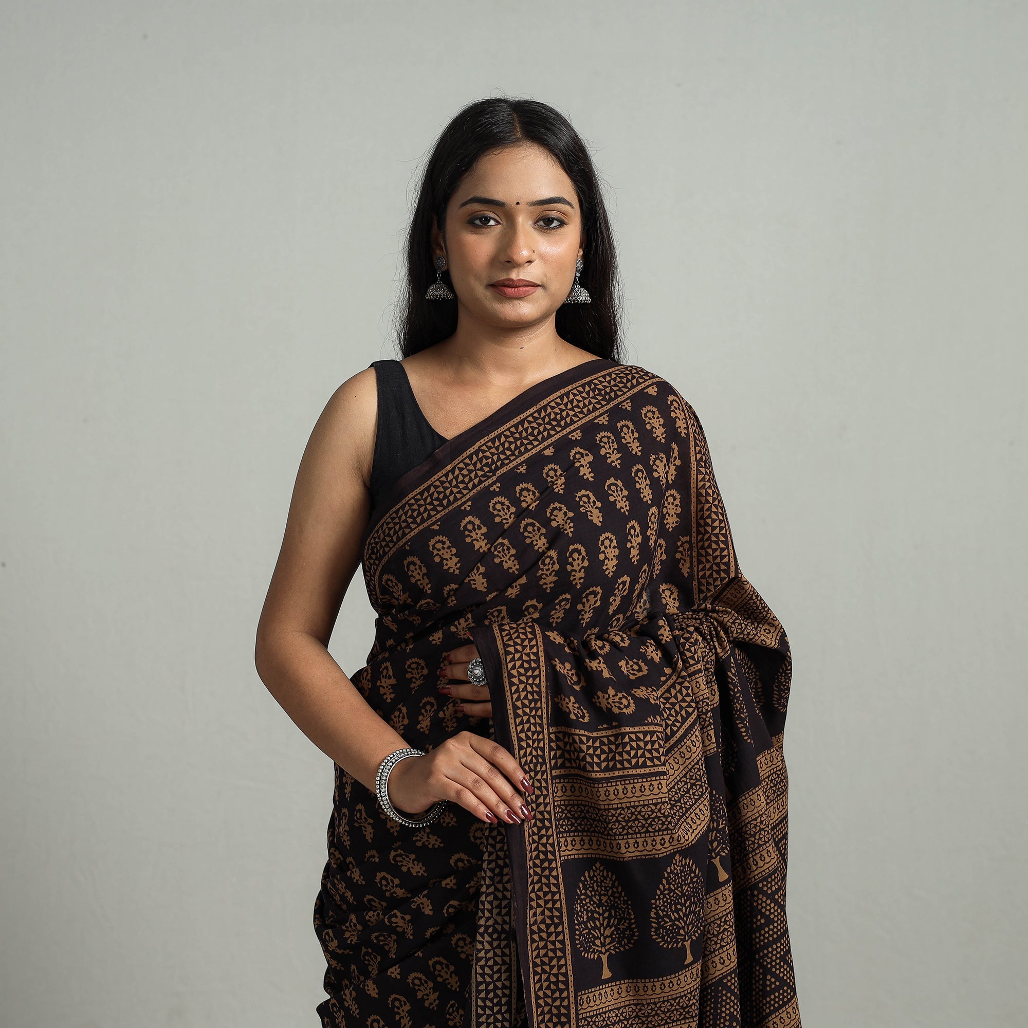 BAGH PRINTS BY MOHAMMED BILAL KHATRI Brown - Natural Dyed Bagh Print Cotton Saree with Blouse Piece 08 - view 3